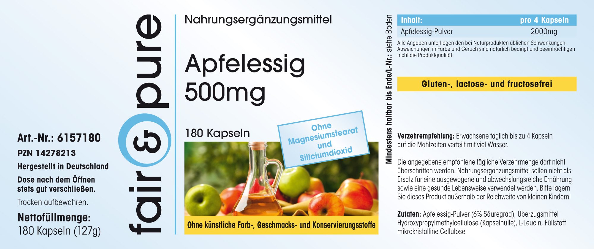 Fair & Pure® - Capsules de Vinaigre de Cidre 2000 mg par dose journalière - Vegan - Haut dosage - 180 capsules
