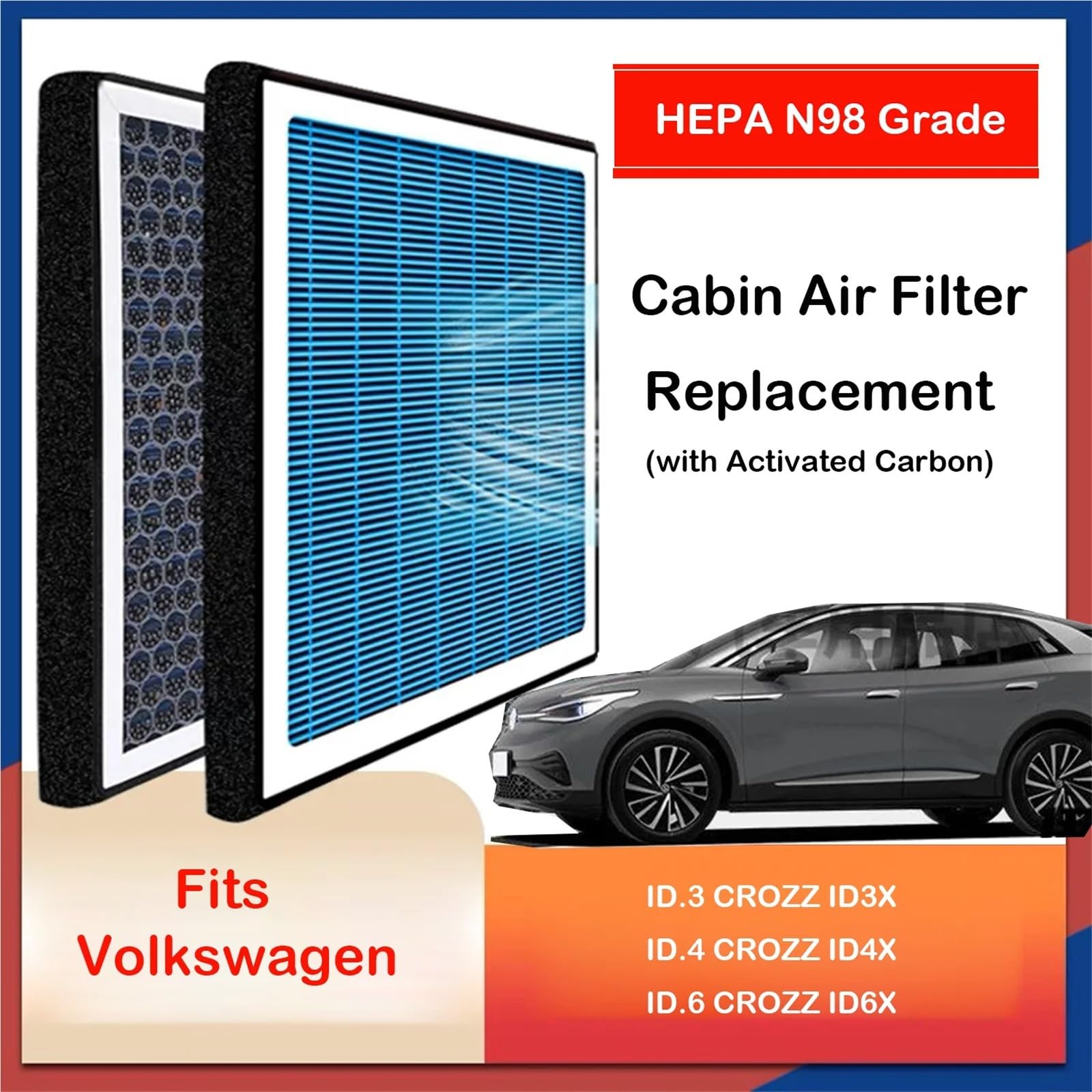 Filtro de aire de habitáculo con carbón activado, apto para VW ID4, ID.3, ID6 (2023, 2022 y 2021), con aroma a panal. Filtro de aire de cabina Filtro de habitáculo(2PCS)