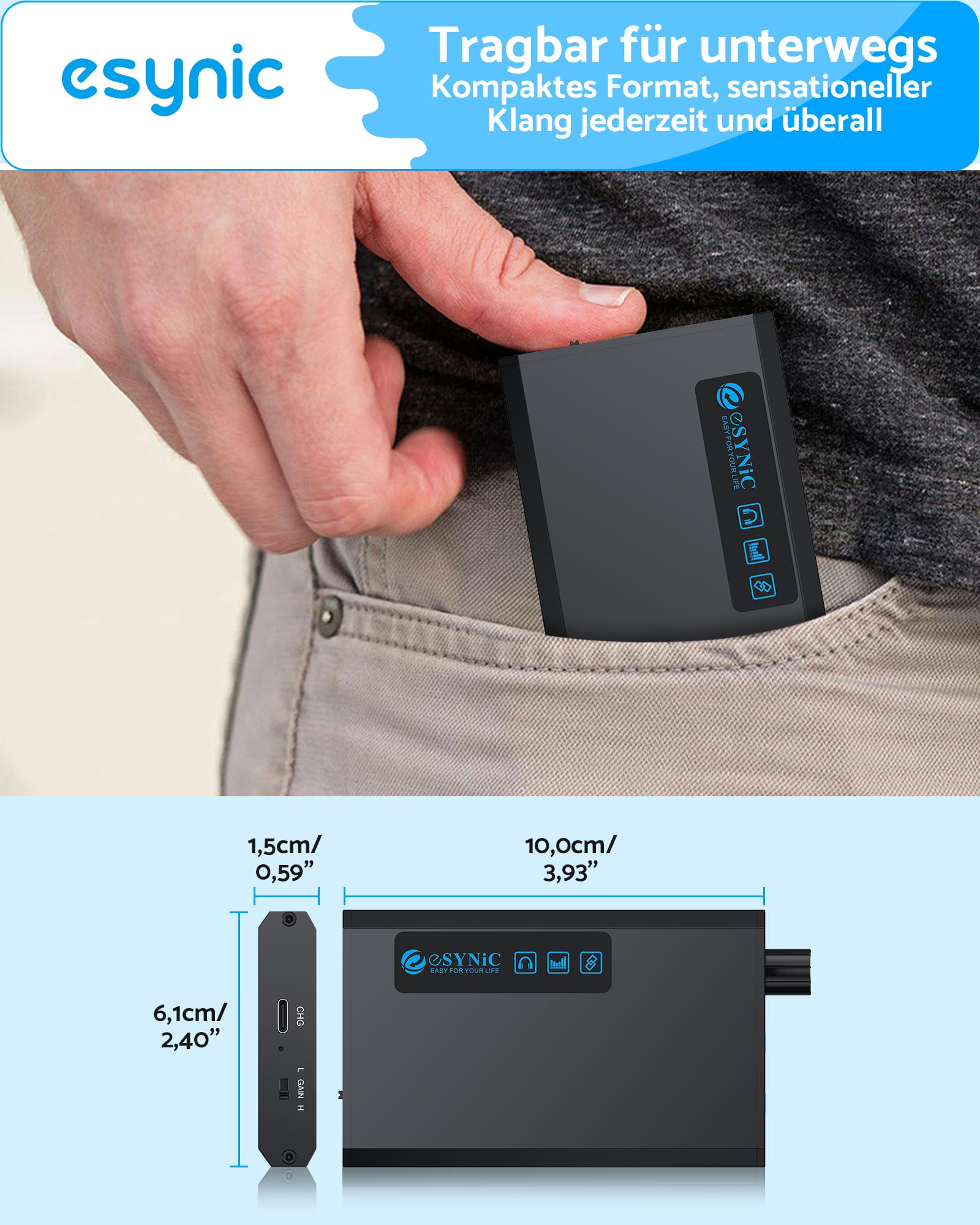 eSynic Tragbarer Kopfhörerverstärker mit Bluetooth 5.1 Empfänger Zwei-Phasen Gain-Schalter, HiFi 3.5mm AUX-Eingang 16-300Ωfür MP3, MP4-Player, Mobiltelefone, Computer, CD-Player usw.