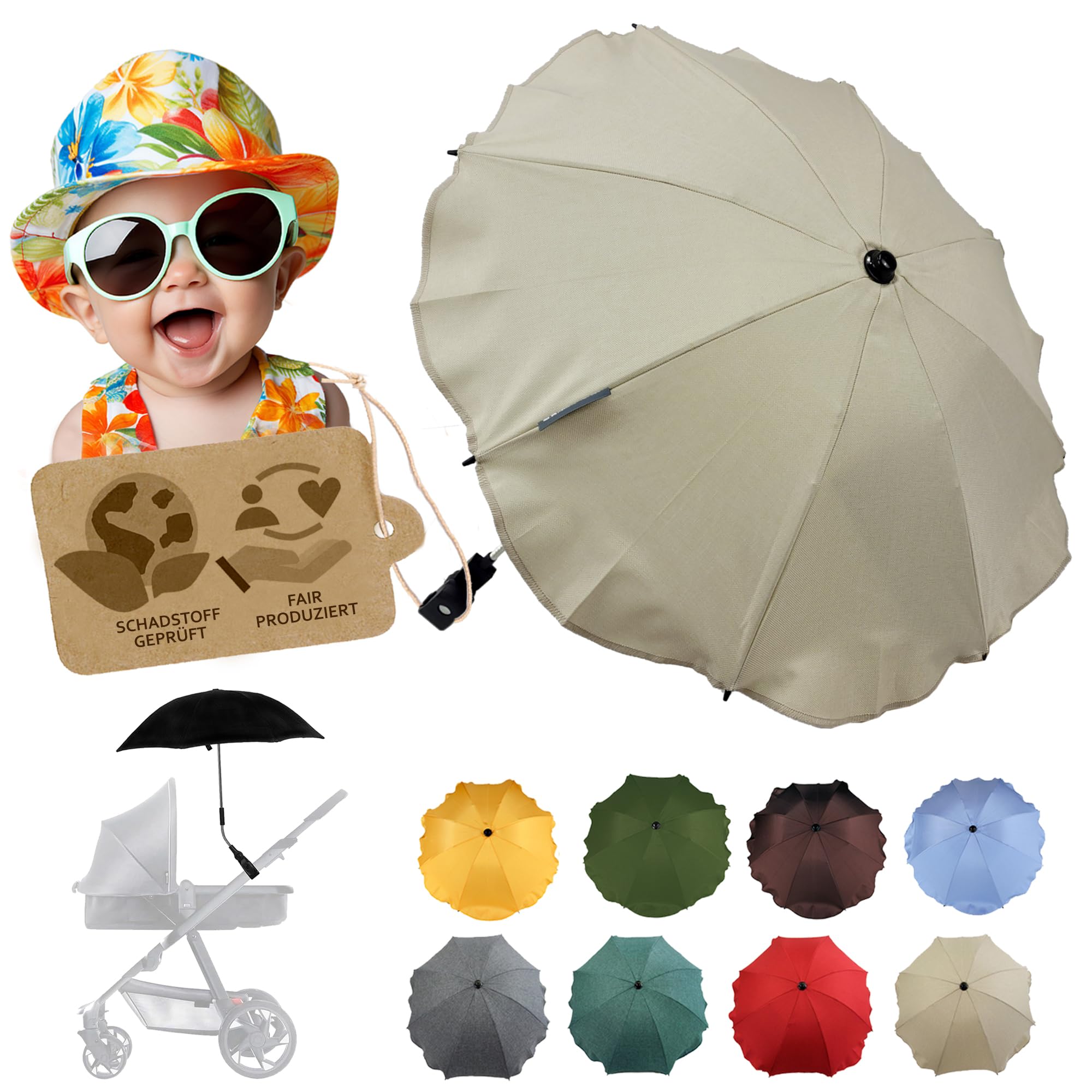 Sonnenschutz universal [Sonnenschirm für Kinderwagen] Buggy UV Schutz 50+ mit Universalhalterung biegsamer Schirm für Rund- und Ovalrohre verstellbar (meliert beige)