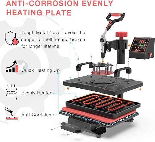 Miniatura 4 de OIIEE Máquina de prensa de calor 5 en 1 combinada de prensa de calor de 12 x 15 pulgadas, máquina de transferencia de calor oscilante de 360 grados,