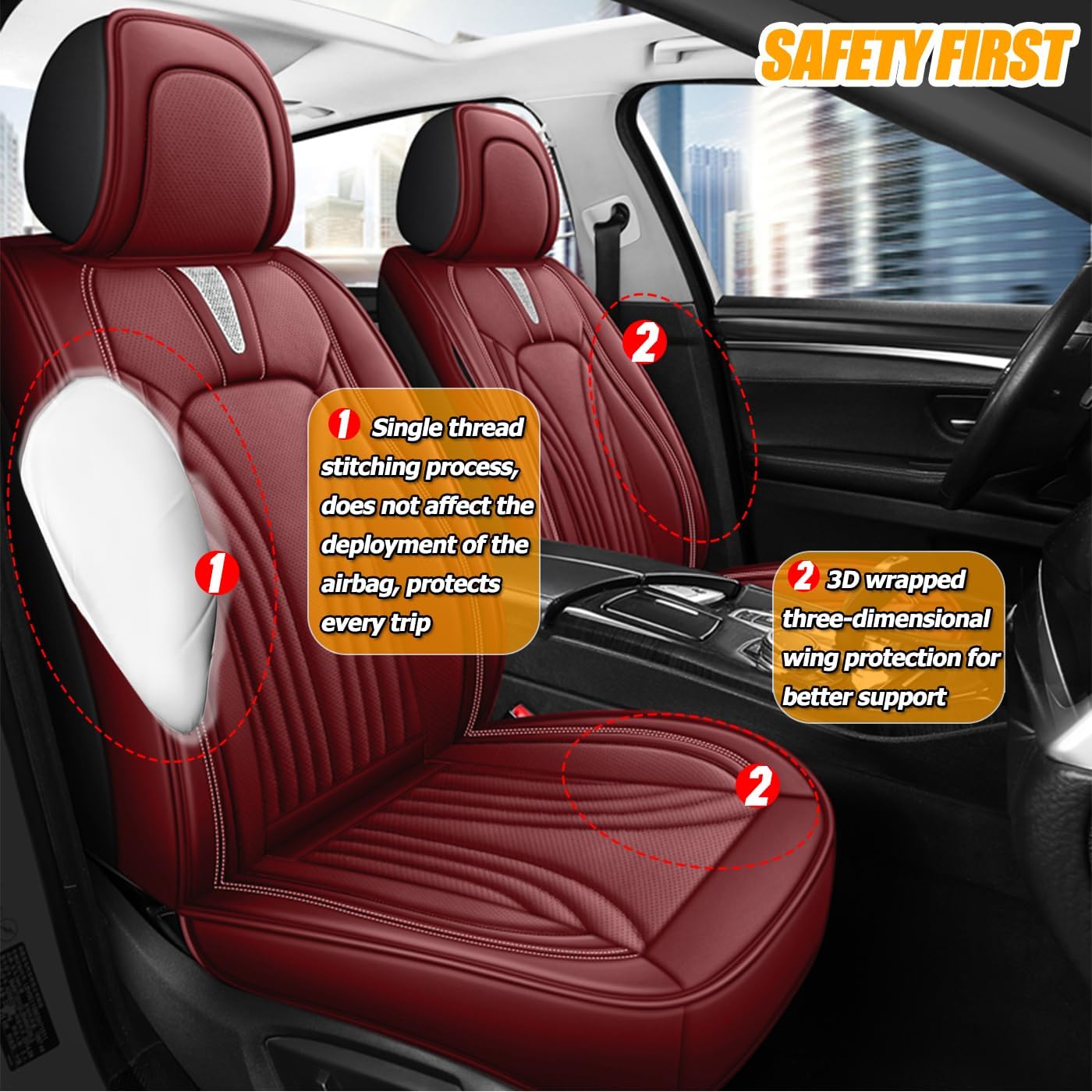 Car Seat Covers Full Set for 5 Seats - Nappa Leather 3D Foam Back Support, Super Breathable, All Season Car Seat Cushion with Storage Bags, Universal Fit for Most Cars, Colour- Burgundy