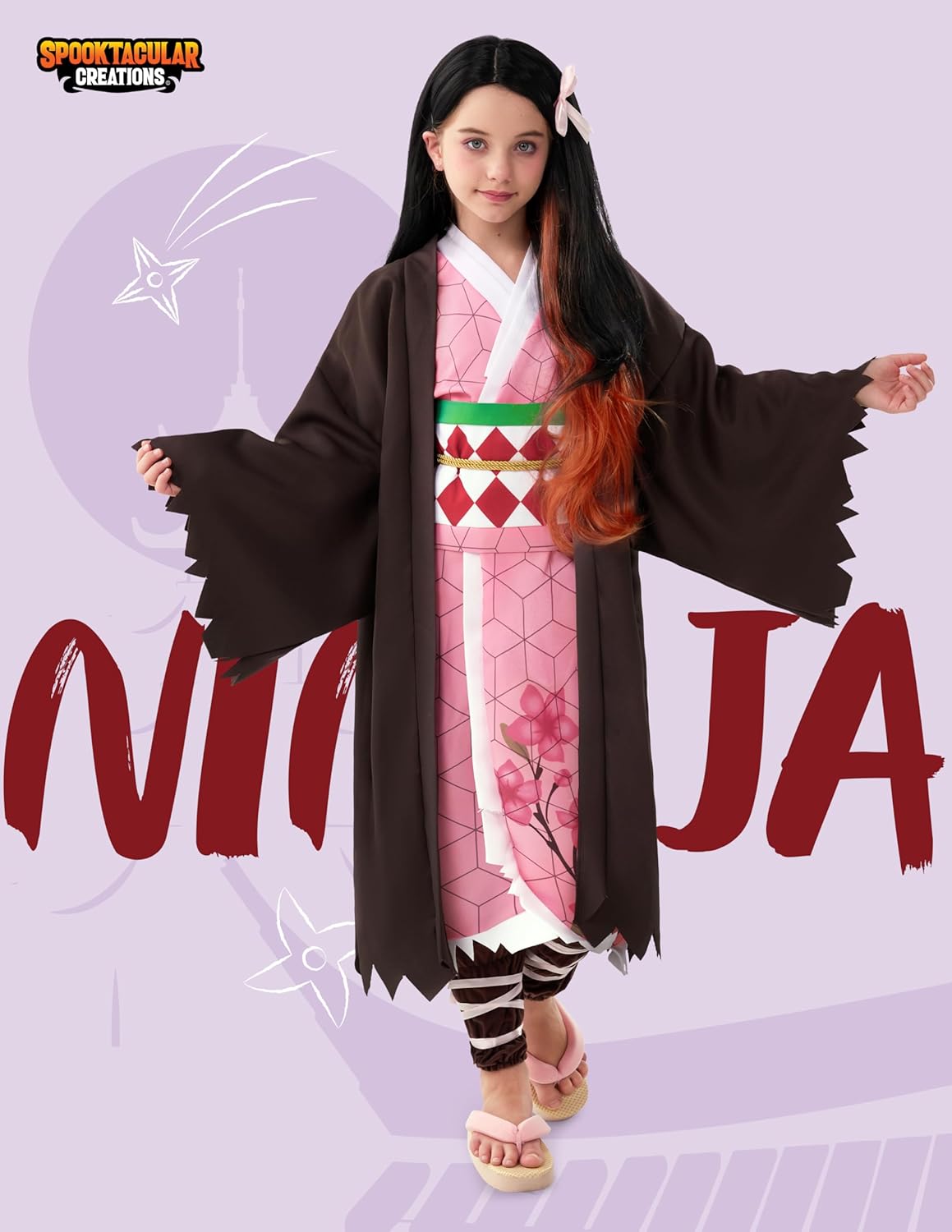 Spooktacular Creations Halloween Ninja Costumes for Kids, Girls Kimono Set with Wig, Toddlers Pink Anime Outfit