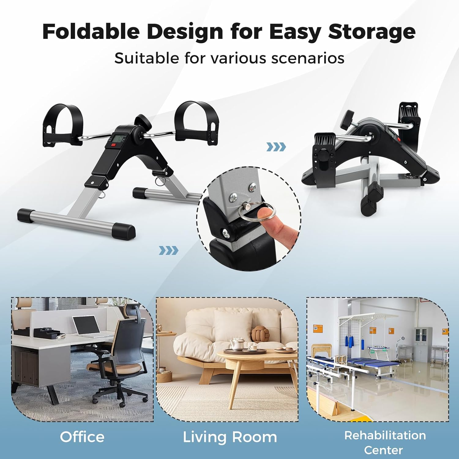Visual guide demonstrating the folding steps of the pedal exerciser.
