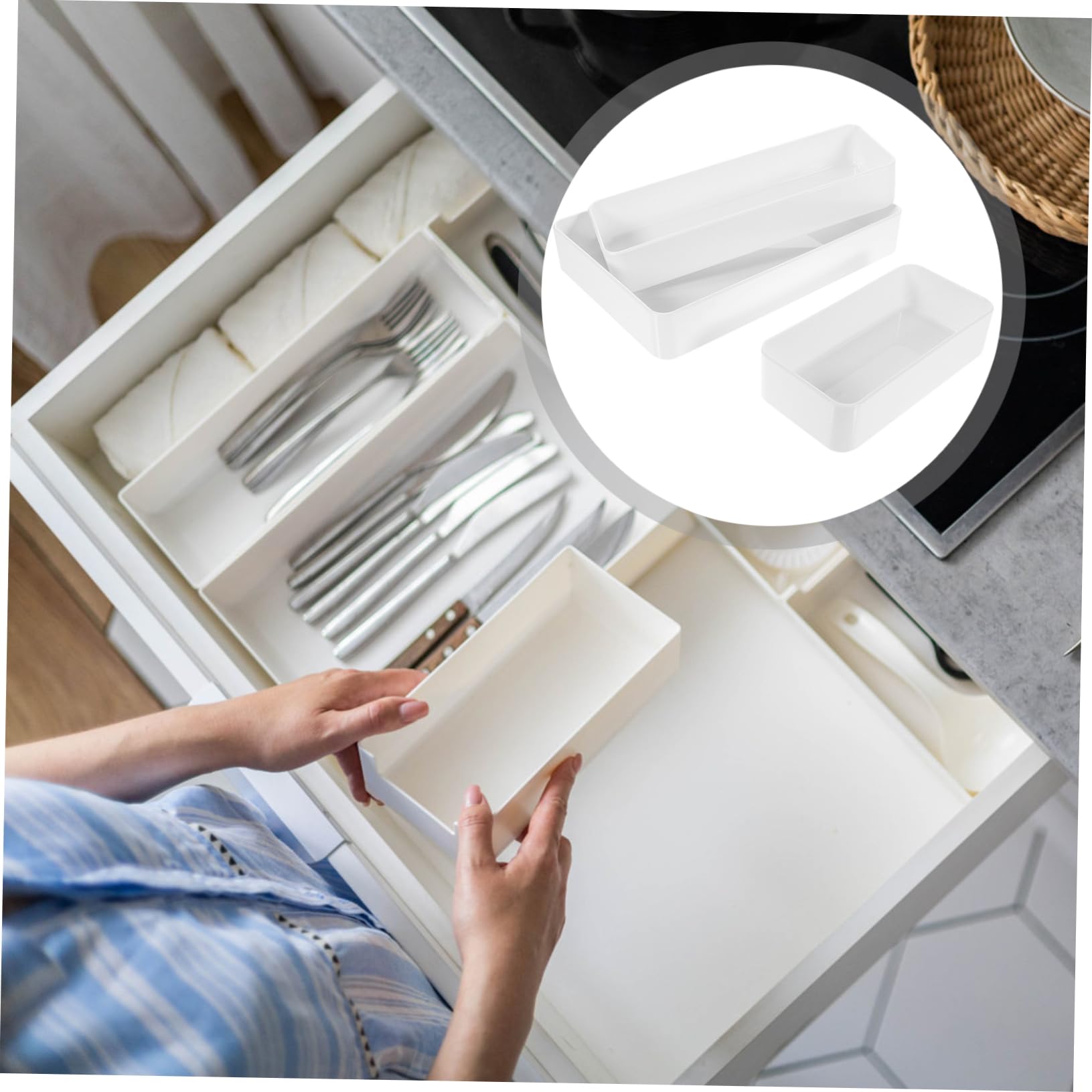 Operitacx Caja Organizadora para Cajones de Escritorio, 3 Piezas Pet Blanco | Borde Redondeado, Diseño Sencillo, Superficie Lisa y Uso Versátil para Baño y Maquillaje