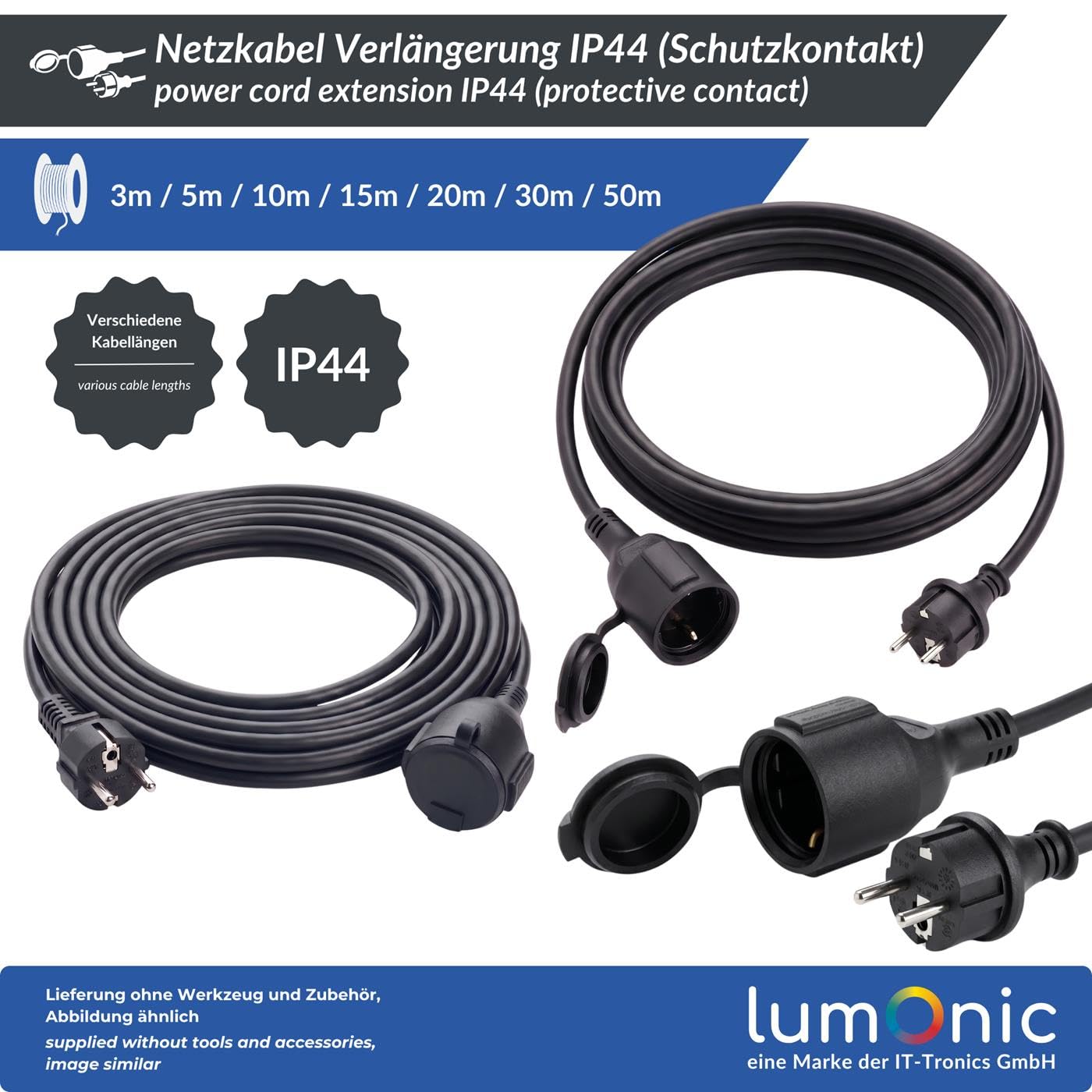 Lumonic Cable alargador Schuko IP44 de goma, negro, 50 m, 230 V - Revestimiento flexible de goma, para jardín y taller, protegido contra salpicaduras según la norma IP44, toma con tapa protectora y se