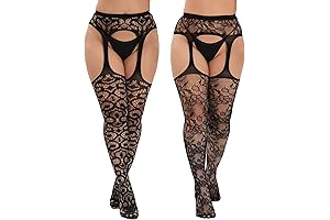 Plus Size Stockings Thigh High Crotchless Fishnet Stockings Suspender Patterned Tights for...