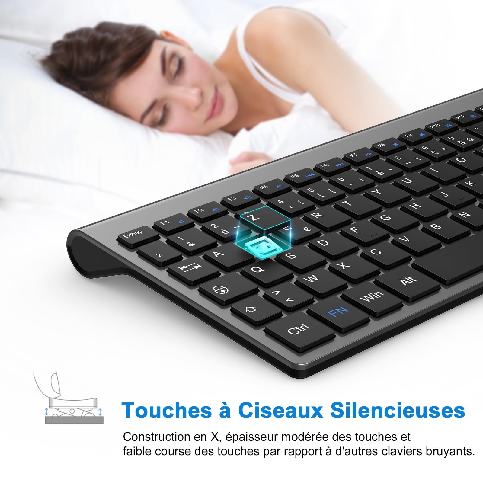 cimetech Clavier sans Fil, Clavier AZERTY Français avec Récepteur Nano USB 2.4GHz Ergonomique Compatible avec Windows/MacOS, Windows PC Laptop - Gris