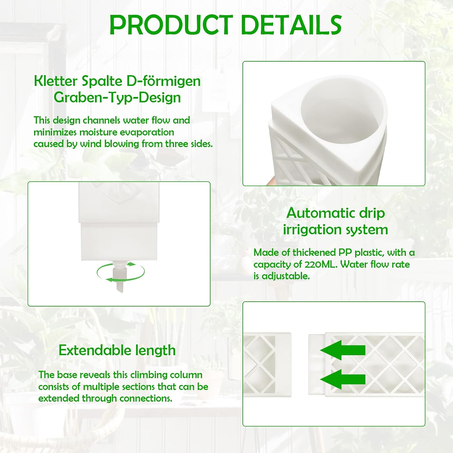 Monstera & Ivy Self Watering Moss Stick 4 Pack with Watering Aid Ground Tips and Fixing Trellis for Climbing Plants (White)
