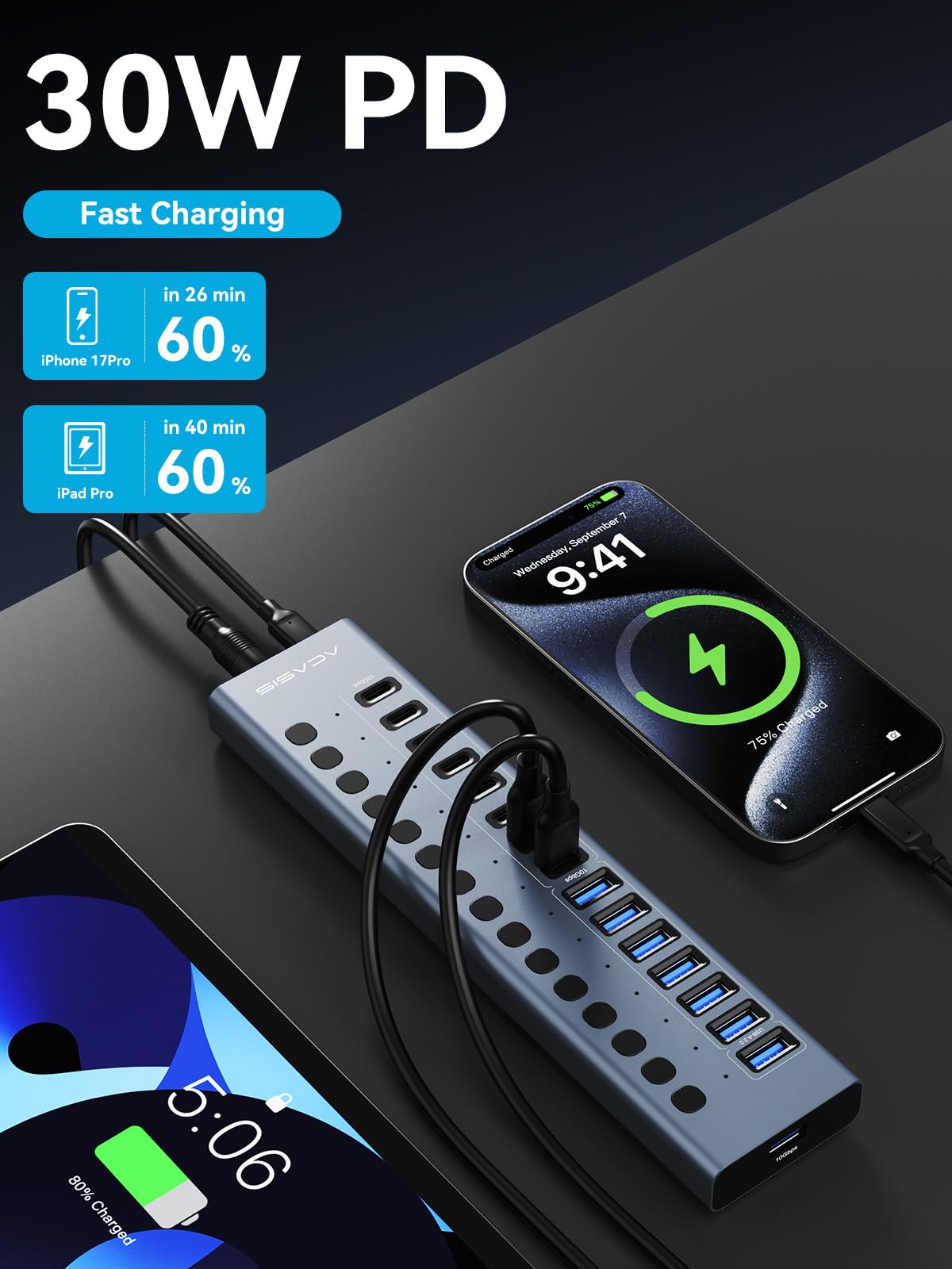 ACASIS Hub USB C alimentato, Hub USB 3.2 16 in 1 10 Gbps, 6 USB-A 3.2 + 2 USB-A 2.0+ 8 porte USB-C 3.2, Dual USB-C PD 30W, adattatore da 150 W, cavo da 3,3 m, hub USB in alluminio per PC, laptop, Mac