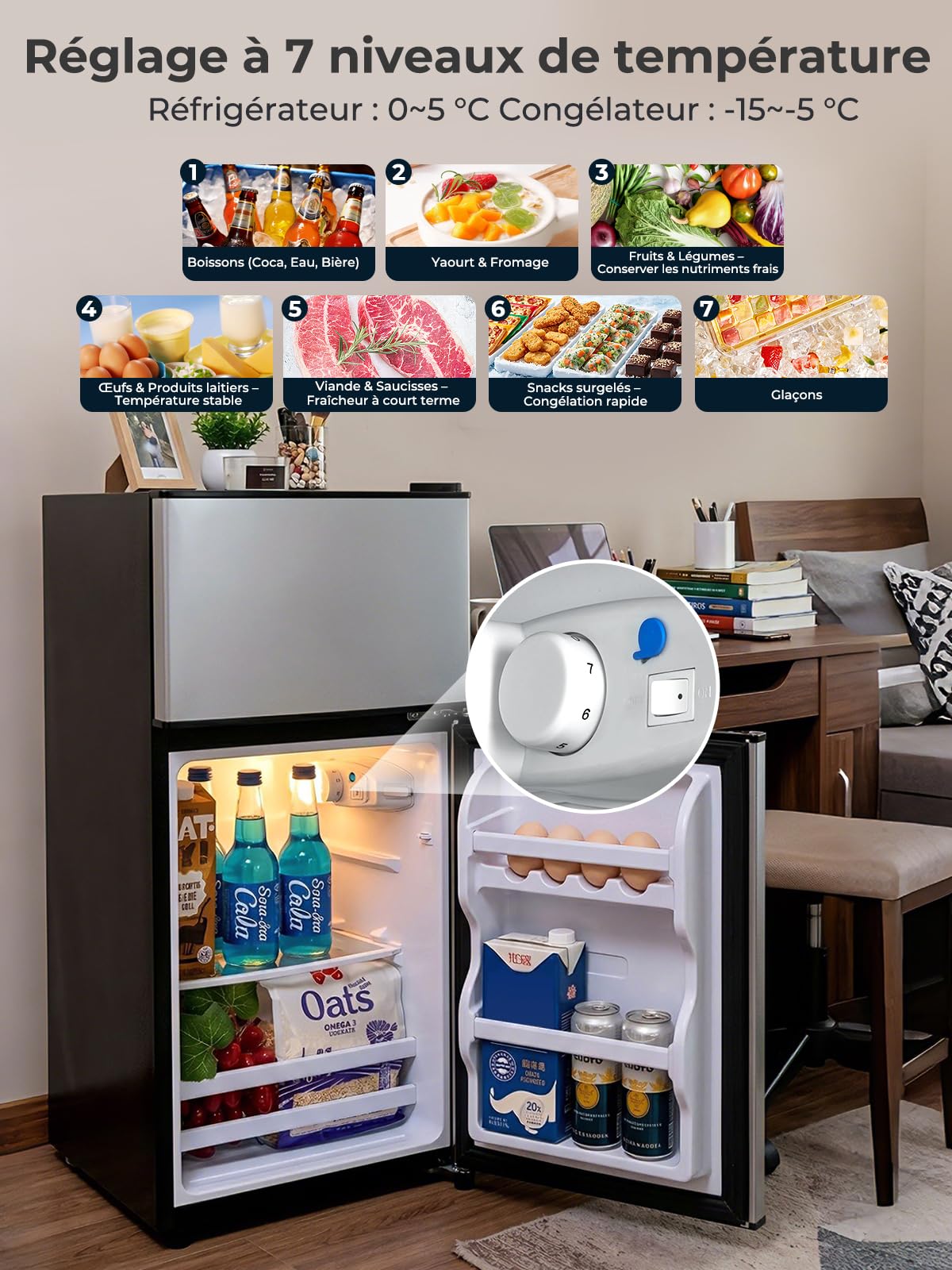 FOHERE Mini Réfrigérateur avec Congélateur 76L, Petit Frigo Silencieux 2 Portes (50L+26L) pour Chambre Universitaire et Studio, Mini Bar Autonome Économe en Énergie pour Boisson et Glaçons, 43dB