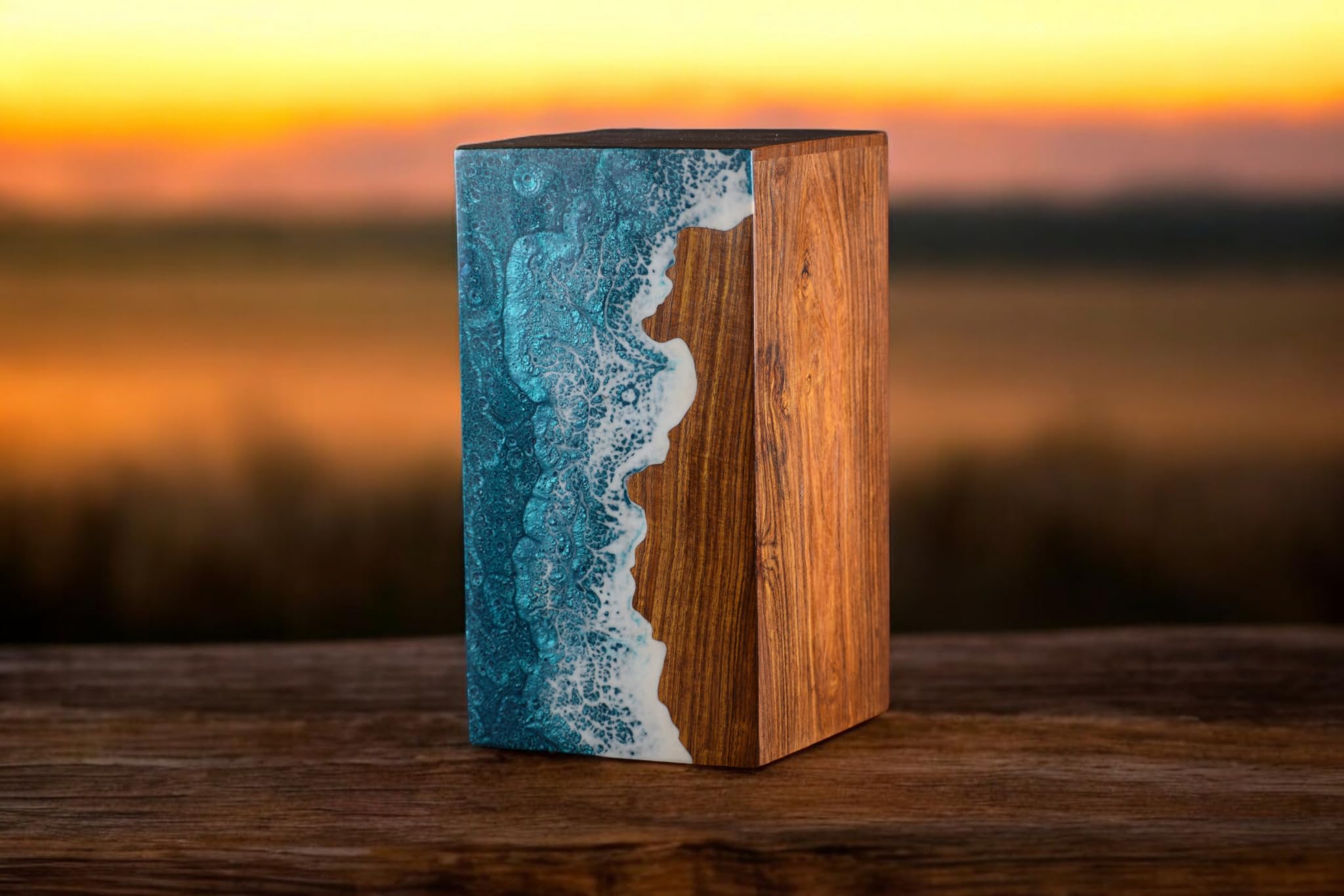 Alter WoodWorking's Handcrafted Rosewood Urn Box with Ocean Wave Design | Premium Memorial Keepsake (L [ 11"X6"X6" ] inches)