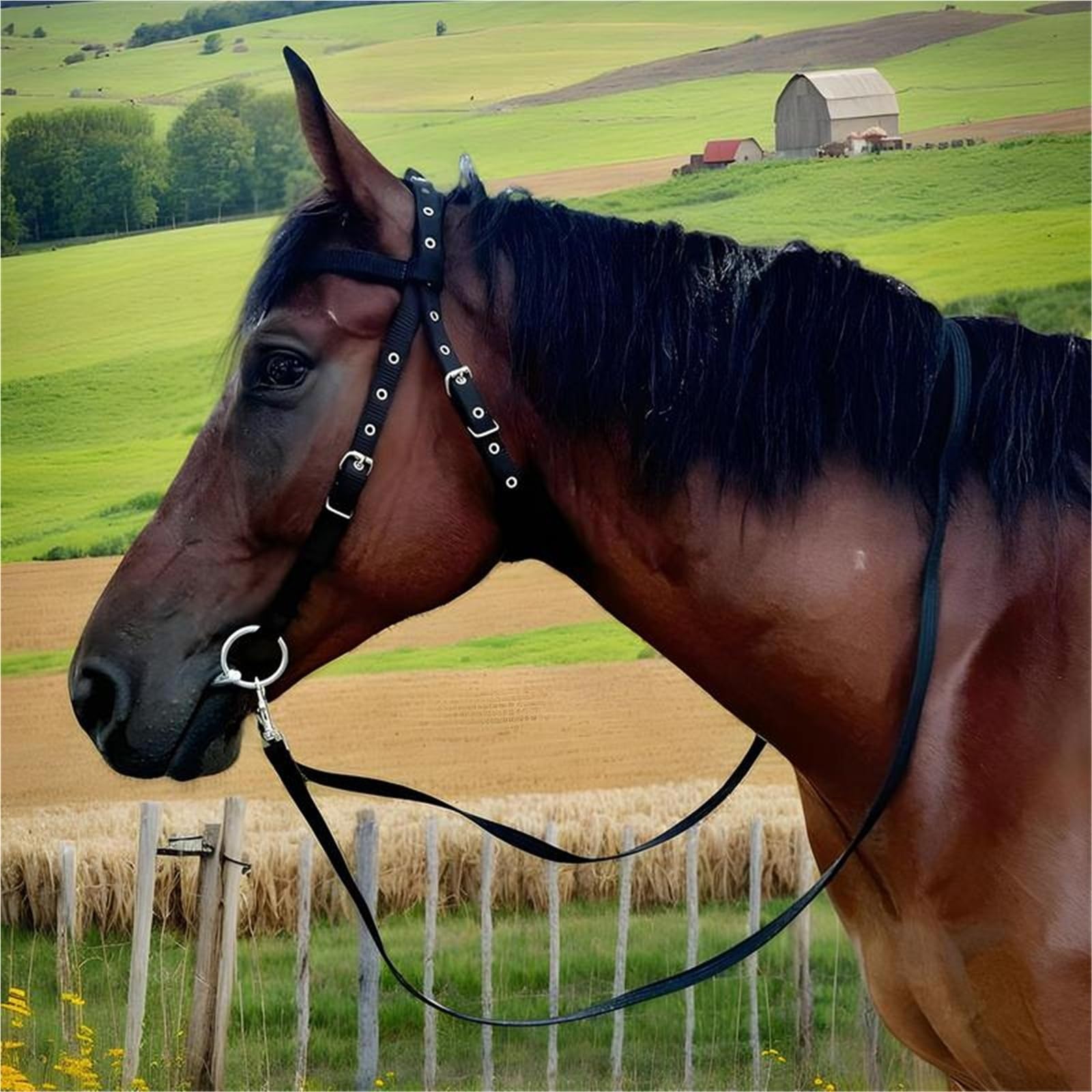 Halfter Für Pferde Pferdestirnband-Kehlriegel mit 3 Schnallen, Kopfstück-Führseil for den Bauernhof(Black S)