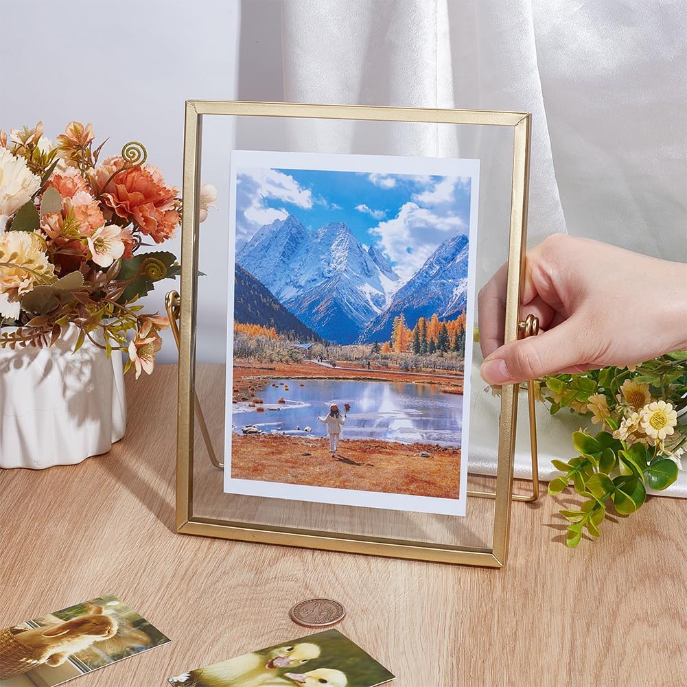 OLYCRAFT 9x7.5 Inch Glass Picture Frame Vertical Gold Metal Photo Frame Simple Metal Geometric Picture Frame Tabletop Shelf Photo Frames with Glass Front Frames for Home Office Wedding Desk Stand