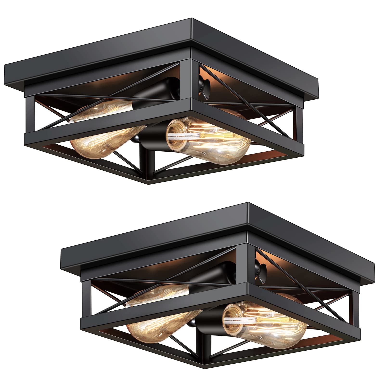 Industrial Semi Flush Mount Ceiling Light, â€ŽAolloa Farmhouse 2-Light Ceiling Lighting Black Metal Square Ceiling Lamp for Hallway, Kitchen, Bedroom (2 Pack)