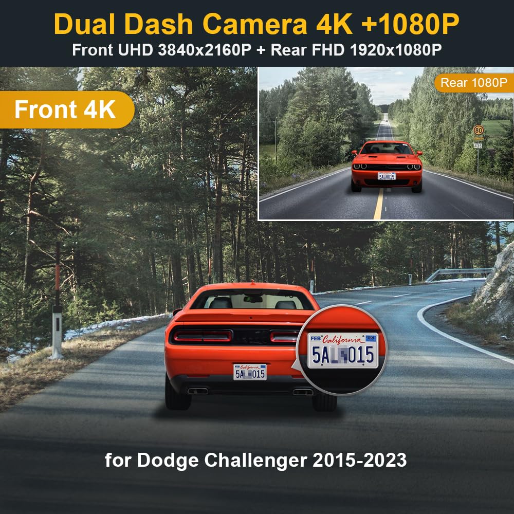 Fitcamx Front 4K+Rear 1080P Dash Cam for 2015-2023 Dodge Challenger GT R/T SXT Plus Scat Pack (HD2-6091), OEM Style, Dual HD Video, Loop Recording, WiFi & APP, G-Sensor, Easy to Use, 128GB Card