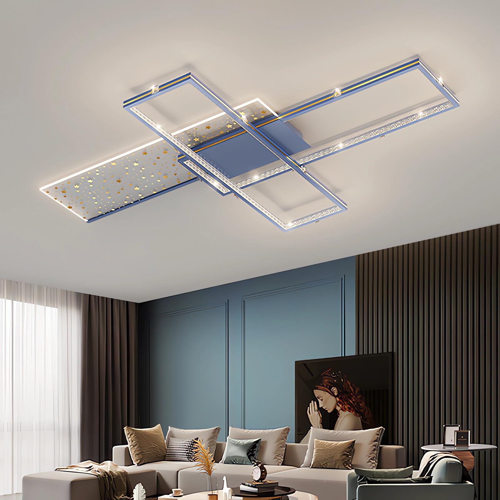 QYSMGS LED Ceiling Light Flush Mount Rectangular Ceiling Lamp with Remote Control Modern Oval Ceilings for Bedroom Living Room Dining Room Office Dimmable Ceilings Lighting (Blue, Rectangular 90CM)