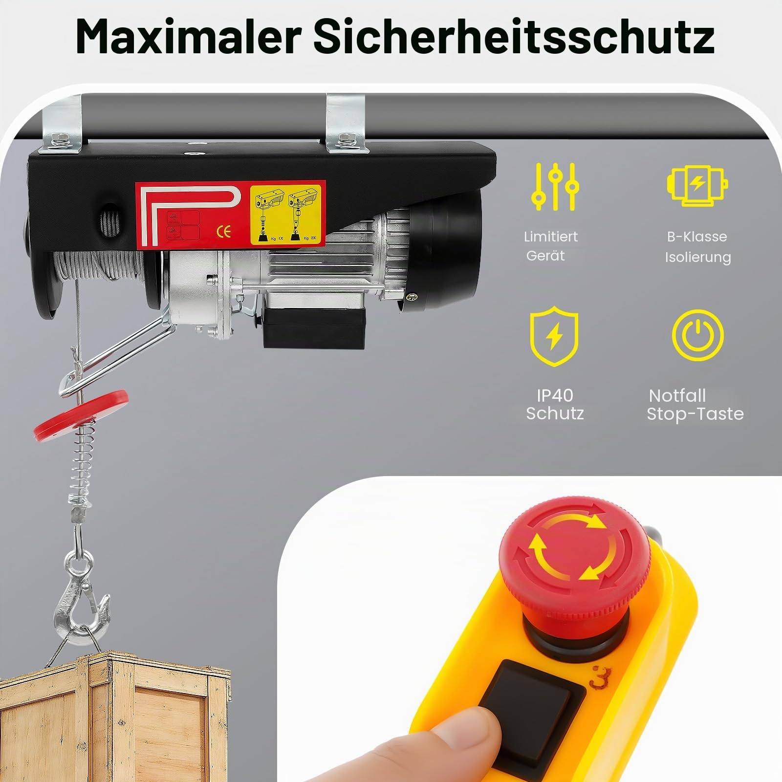 Seilwinde Elektrisch 230V | 125 & 250KG (EK/DK) | 18m EK & 9m DK Hubhöhe | 550W | Endabschaltung | Upgrade Seilzug mit Fernbedienung, 2 Haken Elektrische Seilwinde für Fabriken