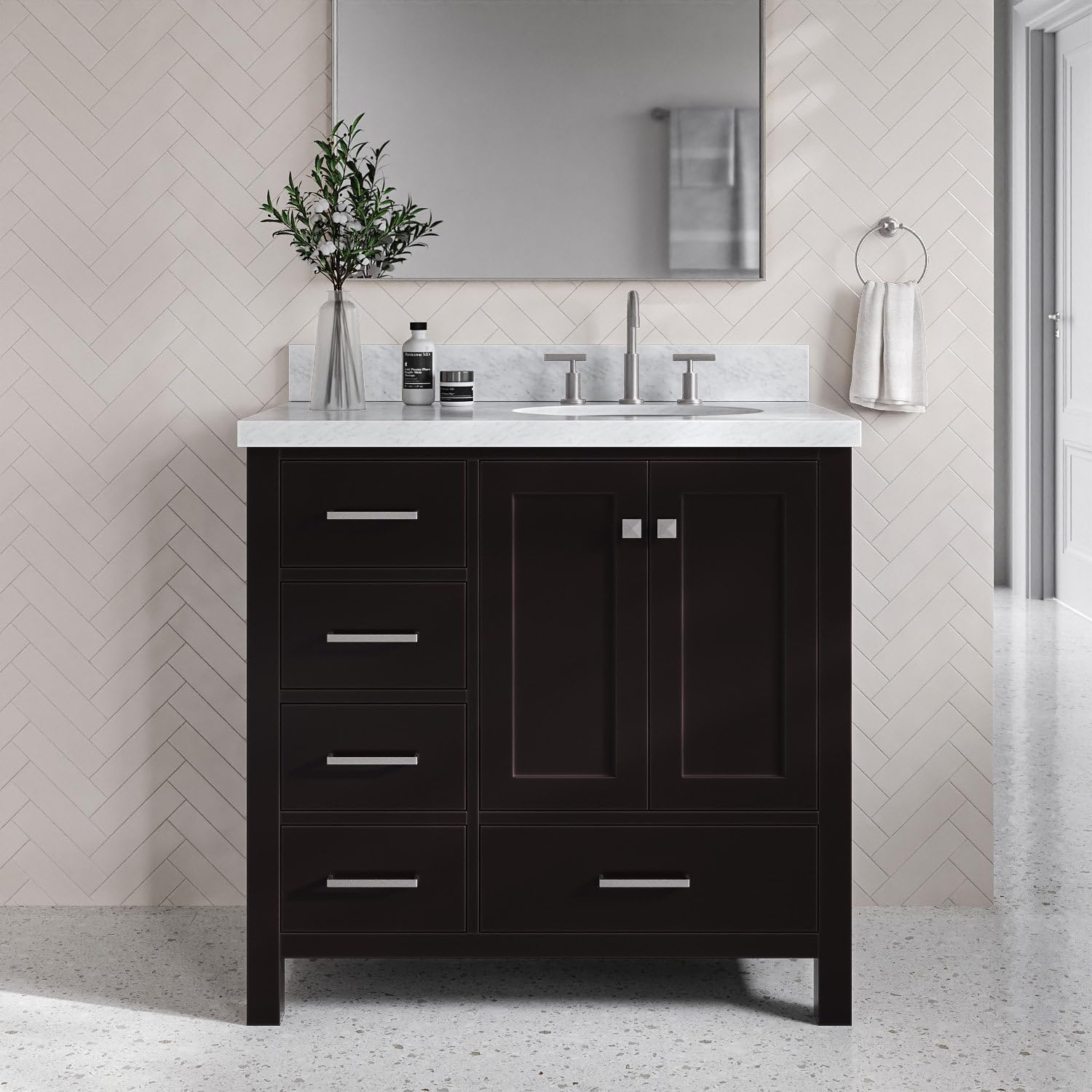 DKB Beckford 37-Inch Espresso Bathroom Vanity with Sink, Solid Wood Frame, 1.5-Inch Carrara Marble Countertop, Right Oval Undermount Sink, 2 Soft Close Doors, 5 Dovetail Drawers