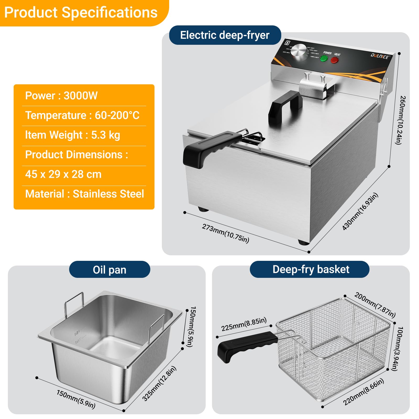 Friggitrice 3000w Friggitrice Elettrica ad Olio Professionale in Acciaio Inox, Friggitrice Olio, 6 L Grande Capacità con Cestello e Coperchio per Ristoranti Rapidi, Patatine Fritte