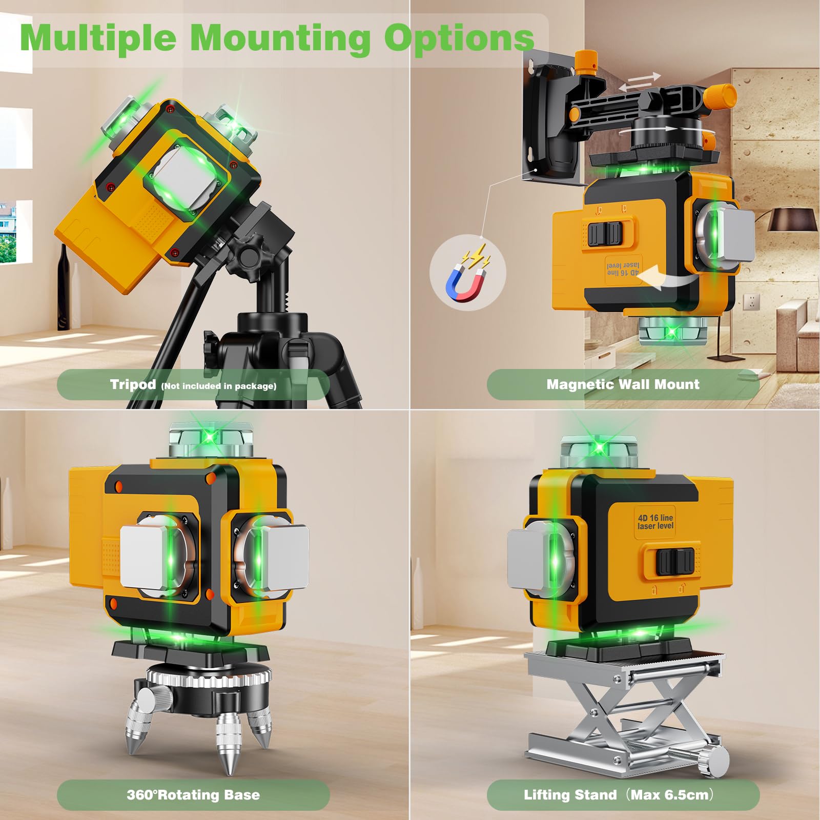 Livella Laser Autolivellante 4 X 360° Verde, Impermeabile, ±3° Livellamento Automatico, Per Costruzione e Appendere Quadri, 2 * 4800mAh batterie (16 Linee)