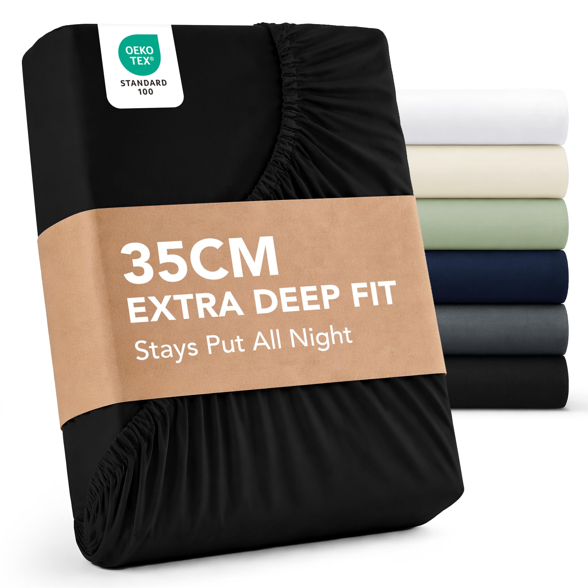 Deconovo Fitted Sheet Single Bed Black 35cm Deep - Fitted Bed Sheet Ultra Soft Brushed Mricrofibre Fabric OEKO-TEX Certified Bottom Sheet Shrink Resistant and Breathable