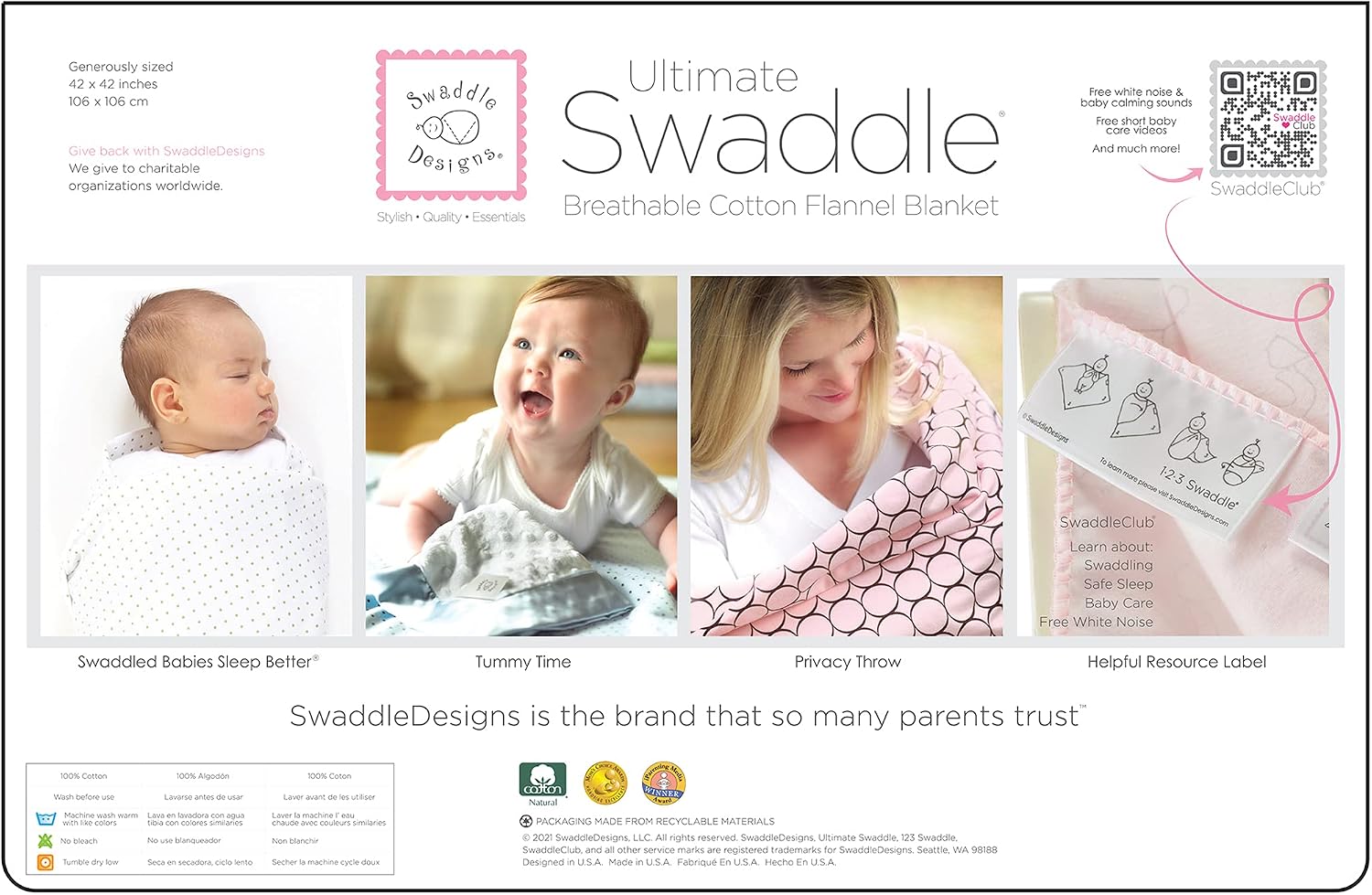 SwaddleDesigns Large Receiving Blankets, Set of 2 Ultimate Swaddles for Baby Boys, Girls, Softest US Cotton Flannel, Best Shower Gift, Made in USA, Pure White with Gray Trim, Mom’s Choice Winner