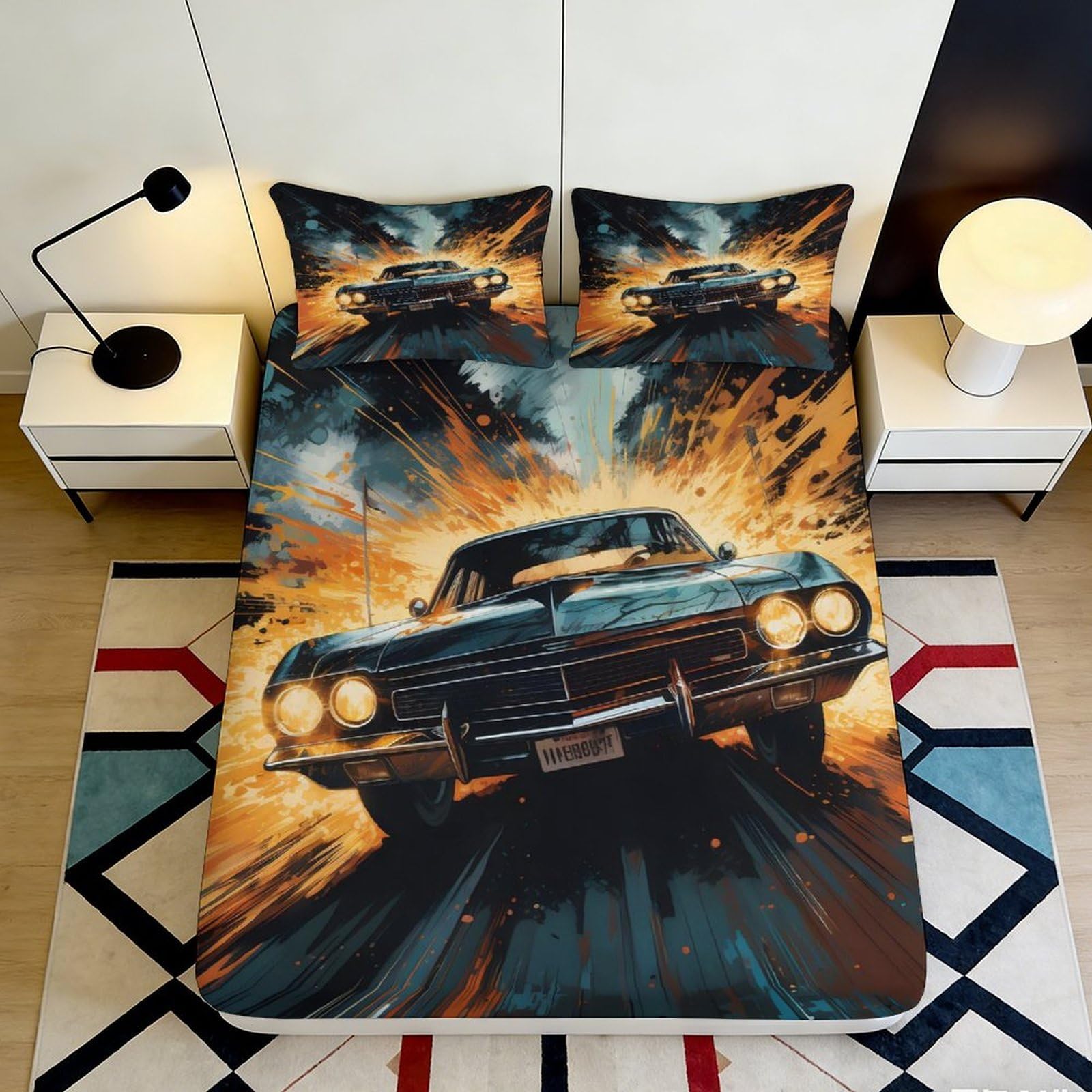 Dhbaneiok Style-7 3D Printed Vintage Car Fitted Sheet Microfiber Soft Retro Explosion Bed Cover For Bedroom Dorm Mattress Decor 90X200x25cm