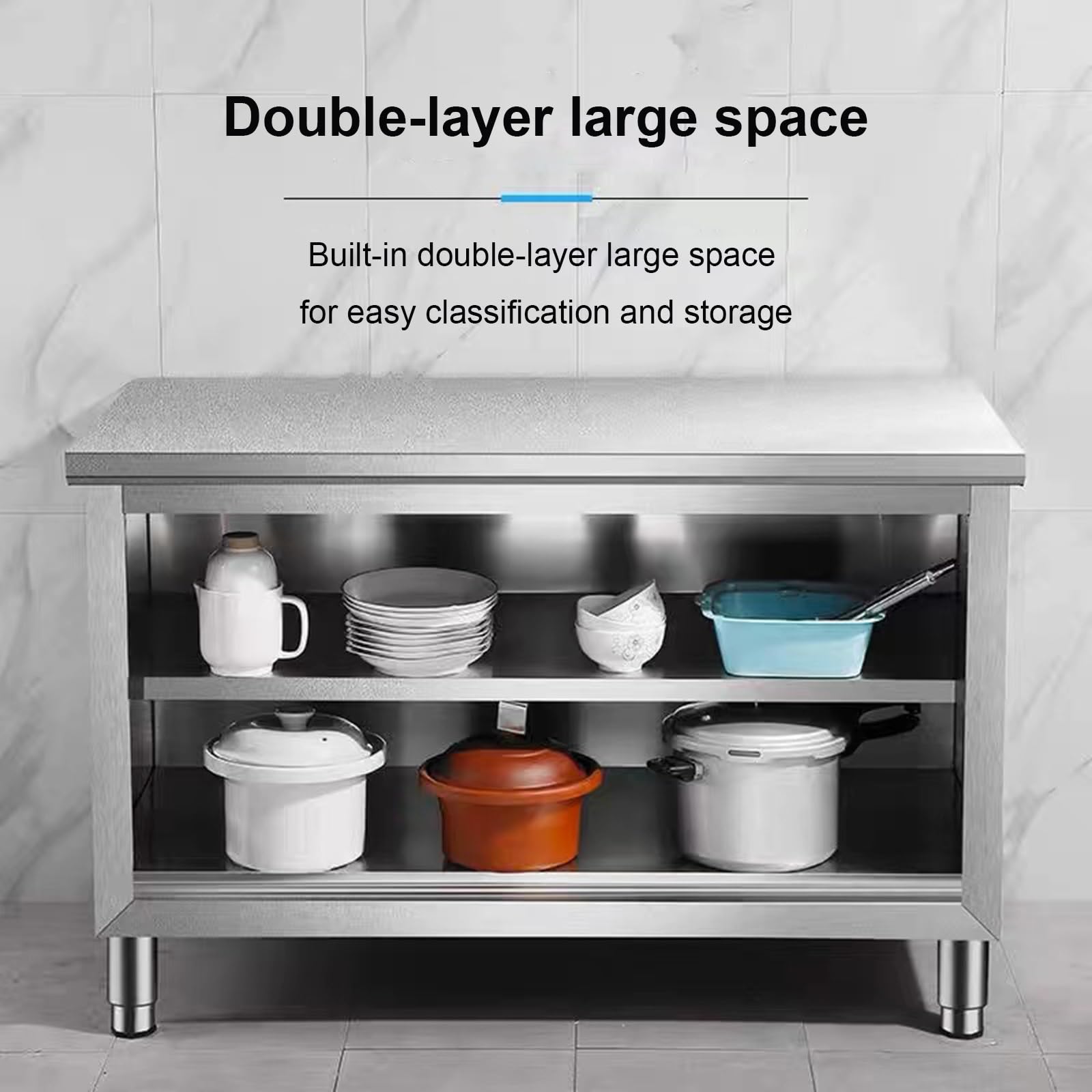 Tavolo da Lavoro per Cucina Commerciale, Tavolo da Lavoro in Acciaio Inossidabile, Tavolo da Preparazione per Impieghi Gravosi con Mobiletto a 2 Strati, per Casa, Ristorante, Garage, Magazzino(80*60*8