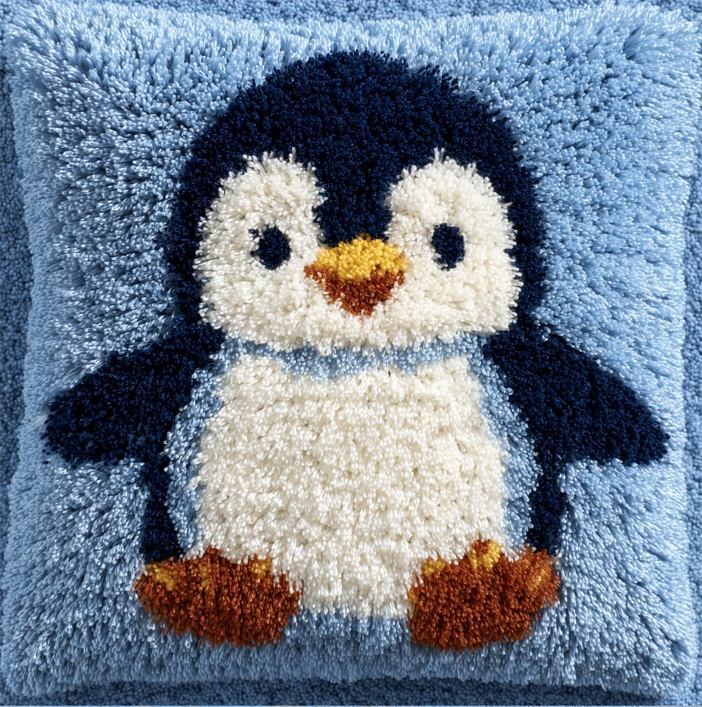 RKFLGEW DIY Latch Hook Pillow Kit for Adults Little Penguin 43X43Cm Throw Pillow Cover with Printed Canvas Crochet Yarn Needle Craft Easy Handmade Cushion for Home Sofa Decoration