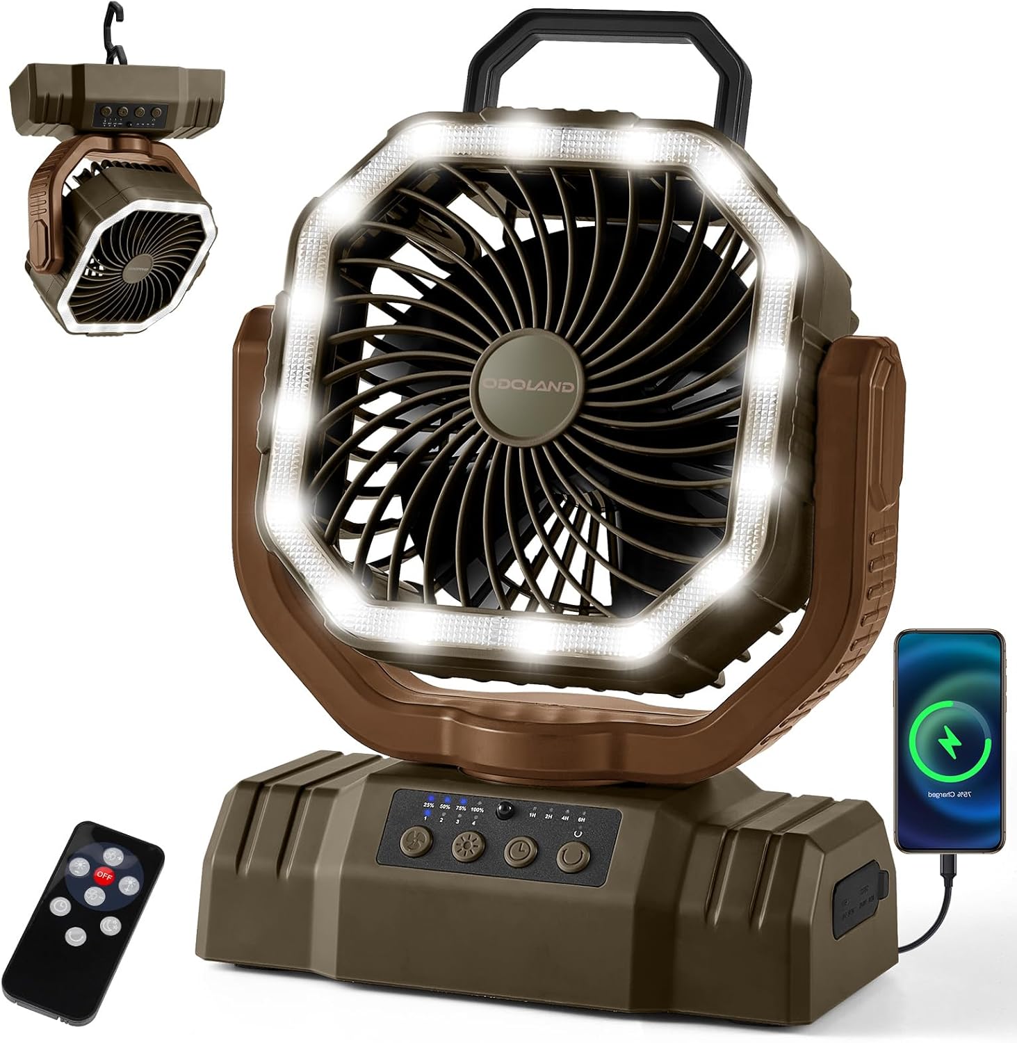 Odoland Portable Camping Fan with LED Lantern, 20000mAh Rechargeable Battery Powered Fan with Auto Oscillation, Timer, Remote, 360° Rotation Hook, 4 Speeds for Power Outage Travel Home,Brown