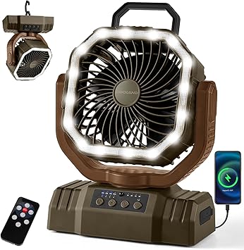 Odoland Portable Camping Fan with LED Lantern, 20000mAh Rechargeable Battery Powered Fan with Auto Oscillation, Timer, Remote, 360 Rotation Hook, 4 Speeds for Power Outage Travel Home,Brown