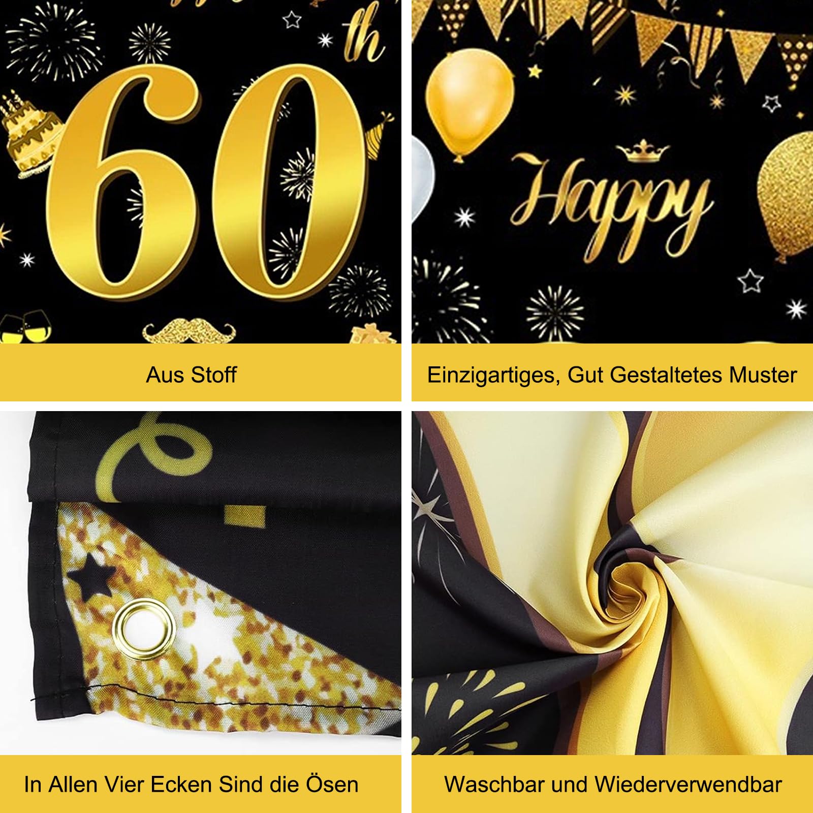 60. Geburtstag Banner – Schwarz-Gold, 180x110 Cm, Für Männer & Frauen, Party-Deko