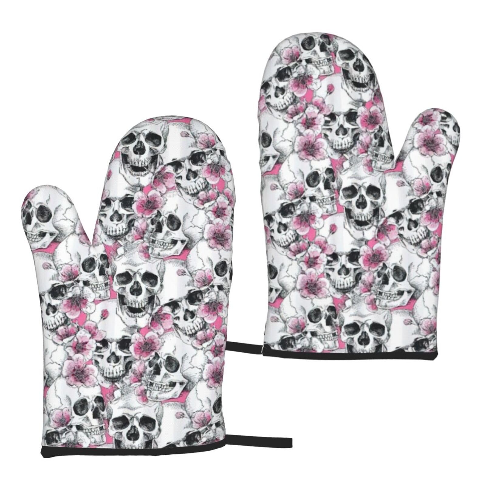 Nimongt Women's Black Floral Skull Print Adults Universal Fit Heat Resistant Oven Gloves Reusable Cooking Outdoor Grilling