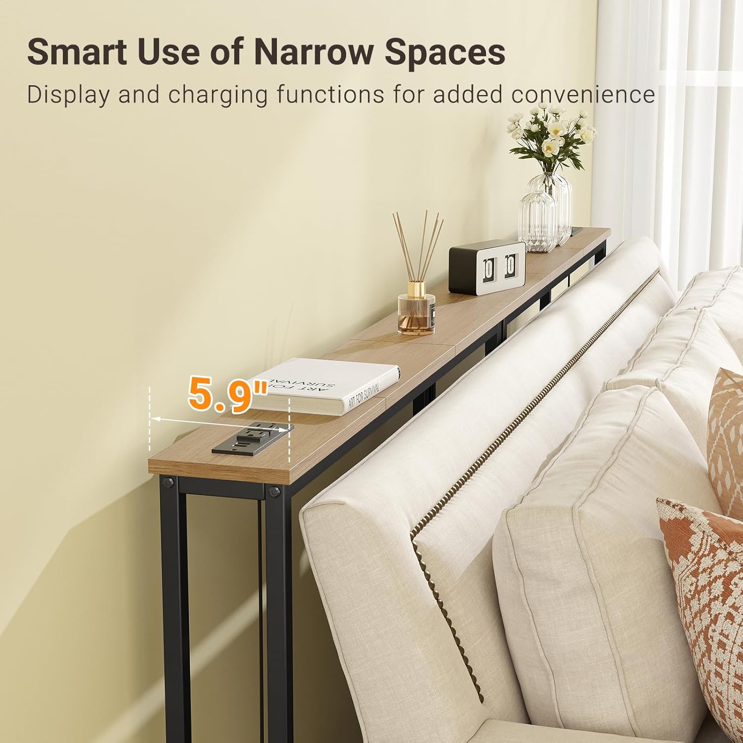 ELYKEN 2 Pack 5.9" Narrow Console Sofa Table with Power Outlets, Total 78.8” Long Behind Couch Table with Charge Station and 5.9’ Extension Cord for Living Room, 5.9" D x 78.8”W x 29.5”H, White Oak