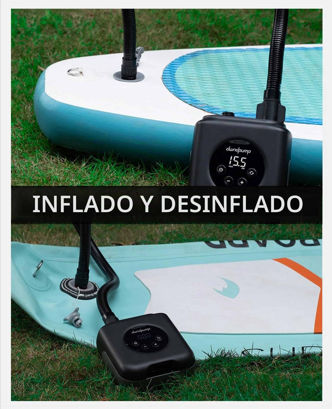 dwndpump Bomba Sup, Inflador Tabla Padel Electrico Recargable, Portátil Inflador Padel Surf Bateria, 4000 mAh y Conector de Coche de 12V, Inflado y Desinflado de Doble Etapa