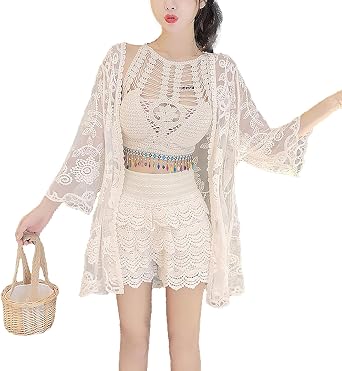 Womens 3 Pieces Bikini Set Hollow Out Cardigan & Crop Top & Floral Shorts Summer Beach Crochet Knit Swimsuits