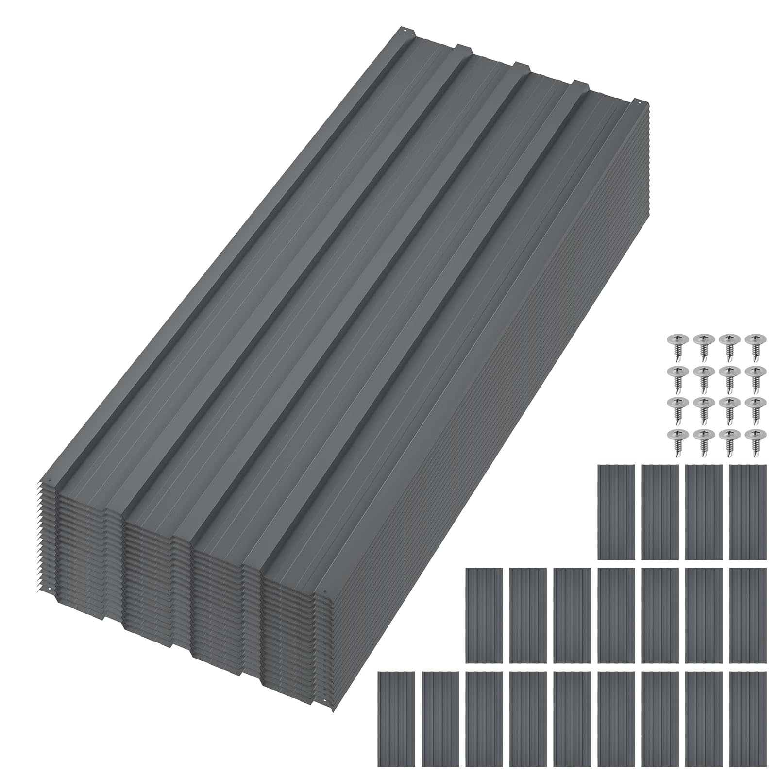 20 Pack Corrugated Roofing Sheets, 1080mm x 426mm Galvanised Steel Garage Shed Side Panels, Waterproof Trapezoidal Grooved Roof Panels Covers for Garden Sheds, Garages, Carports, Greenhouses -GREY