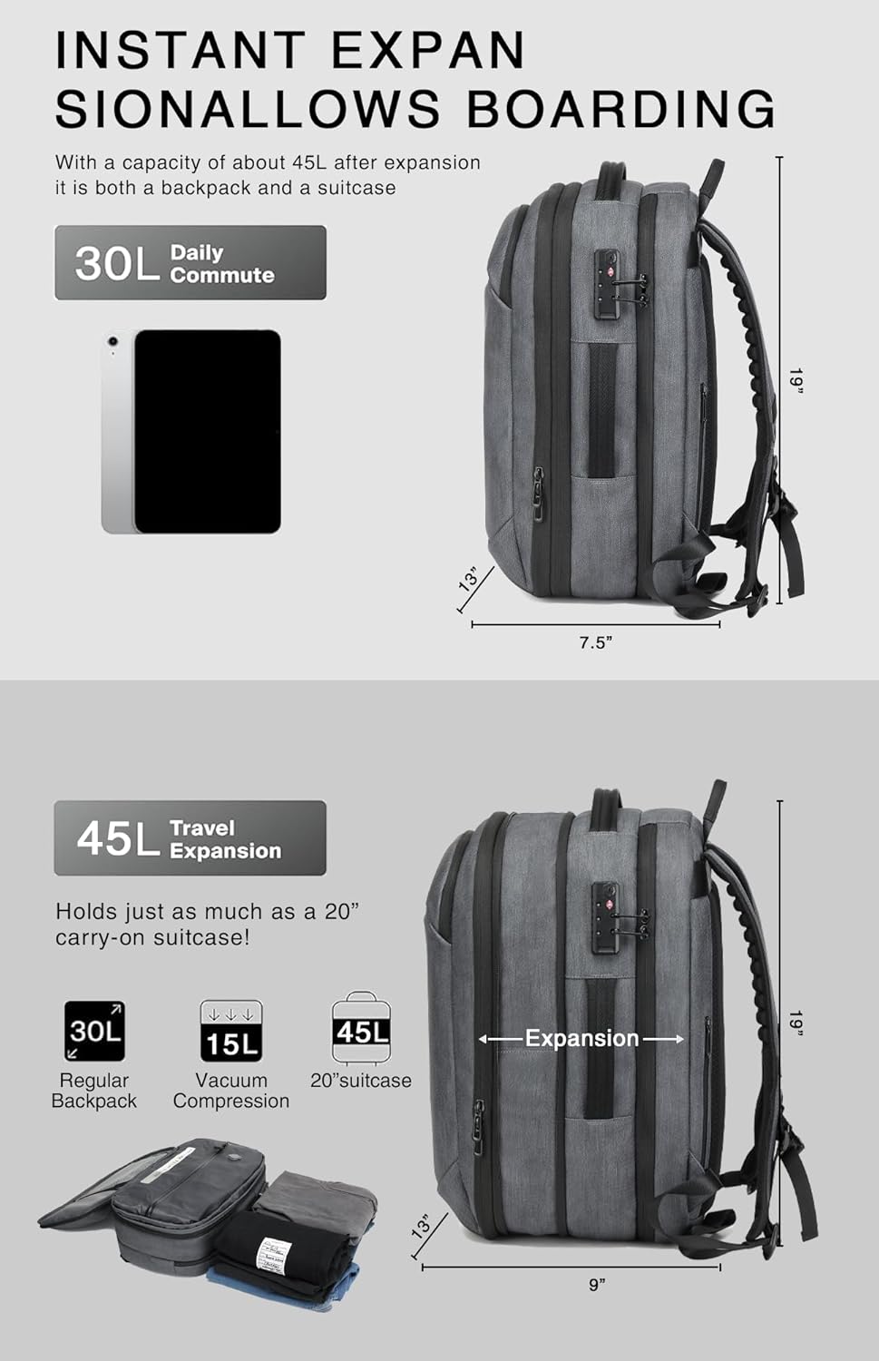 Vacuum Seal Travel Backpack 45L with Pump - Expandable Air Compression System, Water-Resistant Business TSA Lock, Laptop Backpack, Carry-On Suitcase Luggage, Gifts for Men