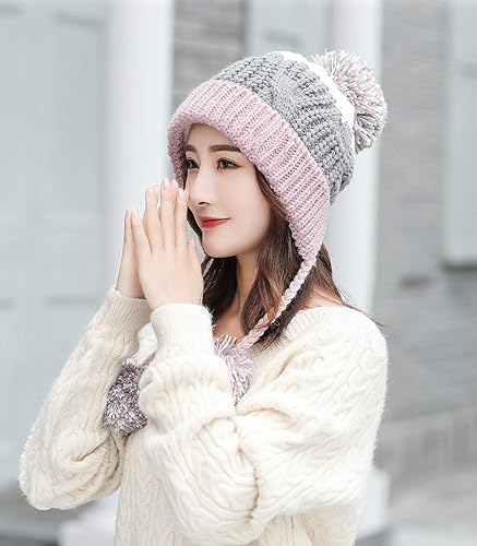Vista 3 de HUAMULAN - Gorro de invierno para mujer estilo peruano con forro polar, solapas para orejas, doble capa, con pompones