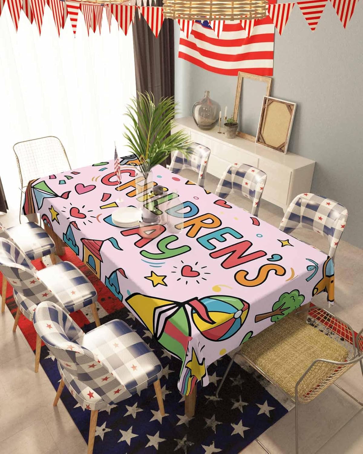 Happy Children's Day Waterproof Table Cloth Cartoon Sun Castle Boat Truck Leather Ball Pink Waterproof & Wrinkle Table Cover, Washable Polyester Soft Fabric Table Cloth for Outdoor Indoor Parties