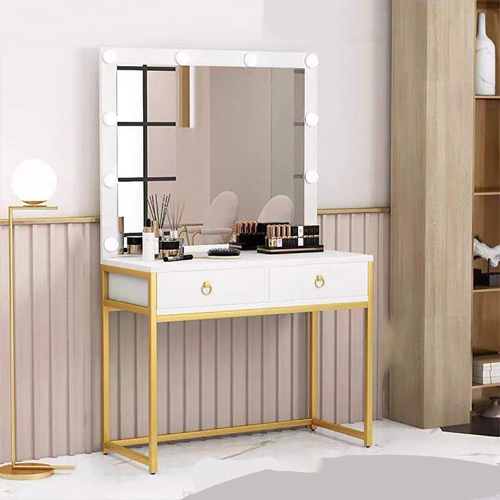 asdchZen Lighted Vanity Desk With Mirror, Black Makeup Dressing Table Set, Large Top Dresser With Bench & Free Organizer For Bedroom, 120Cm Stylish Cosmetic Station,Platinum-120cm