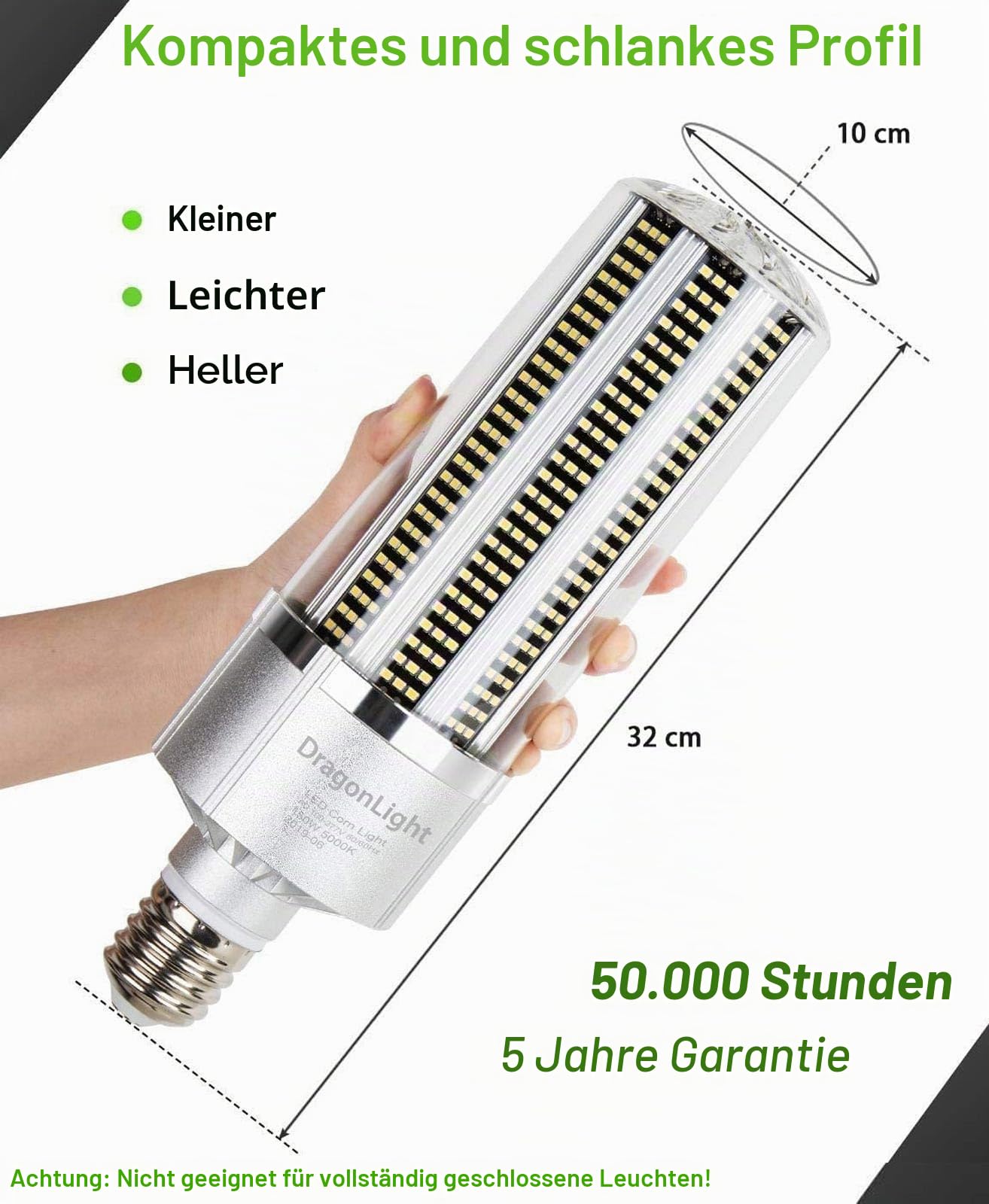 DragonLight 200W Superhelle Mais Licht LED Glühbirne(Ersetzt 1200Watt) - E40 Edison LED Lampe 5000K Kaltweiß 27000 Lumens für Großes Gebiet Beleuchtung - Garage Lagerhaus Werkstatt Hof