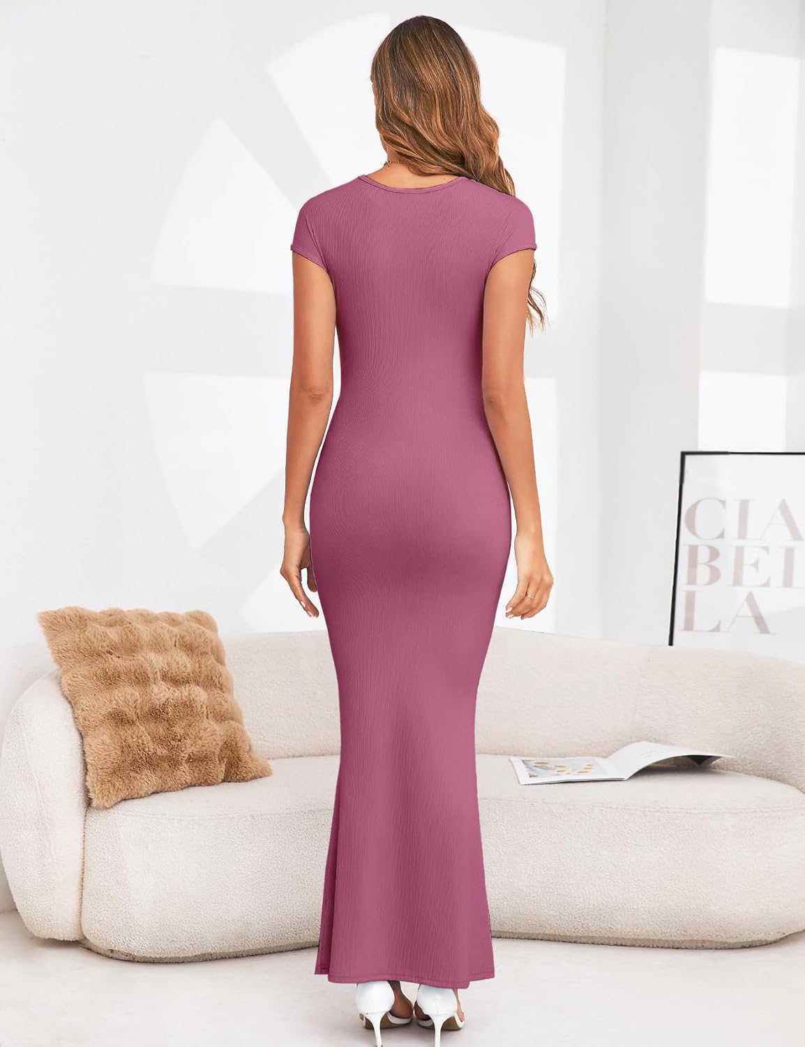 AISWI 2025 Maternity Bodycon Mermaid Maxi Dress Sexy Square Neck Short Sleeve Ribbed Pregnancy Dresses Baby Shower Photoshoot