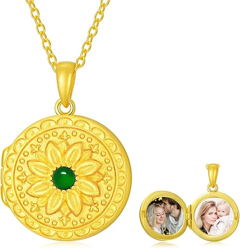 SOULMEET Collar personalizado con medallón redondo de esmeralda chapado en oro de 10 quilates, 14 quilates y 18 quilates que sostiene imágenes,
