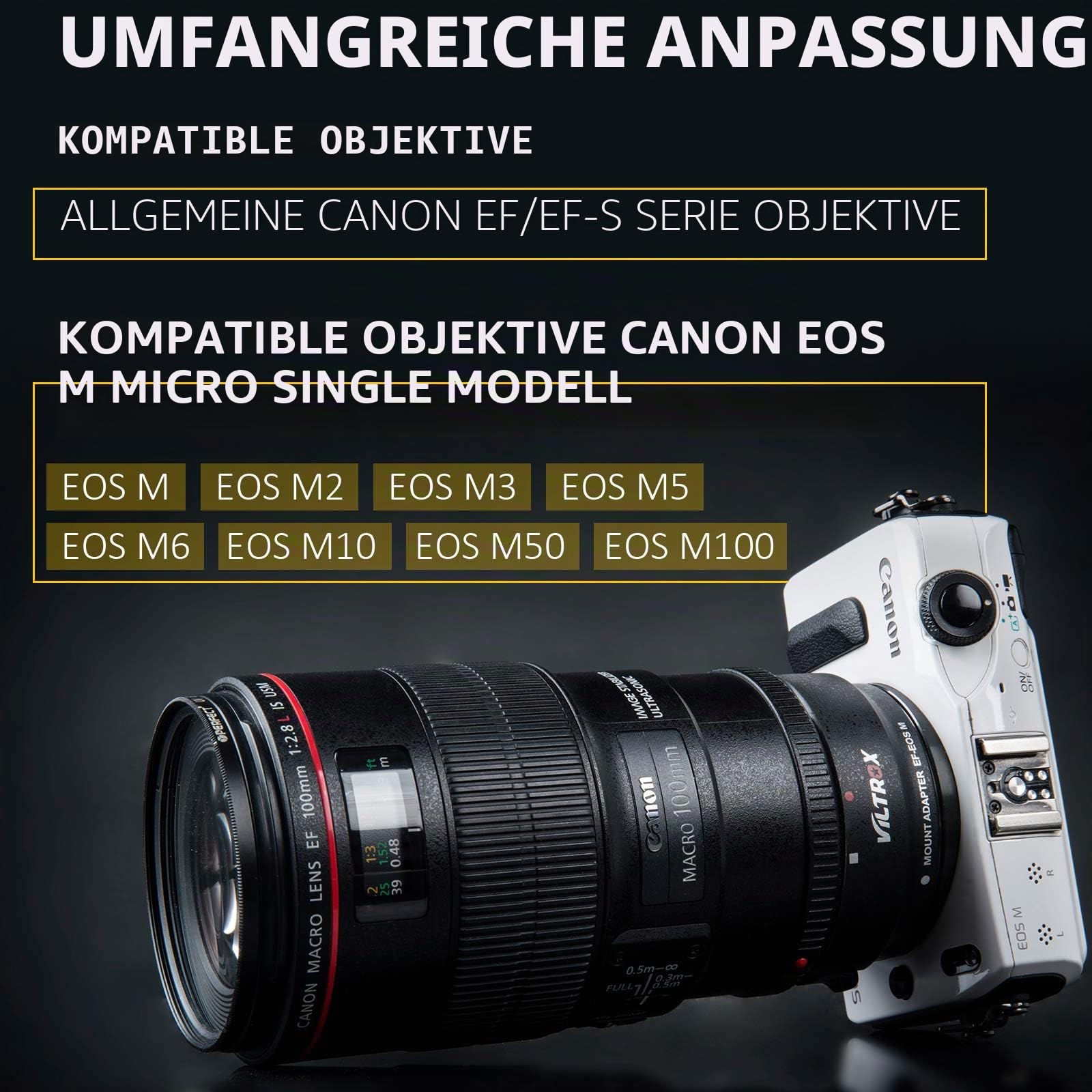 VILTROX EF-EOS M Objektiv Adapter Elektronischer Autofokus EF-M Adapter AF Objektiv Mount Konverter für Canon EOS EF/EF-S Objektiv auf Canon EOS M Mount Kamera EOS M100 M50 M2 M3 M10 M6 M5 II M200