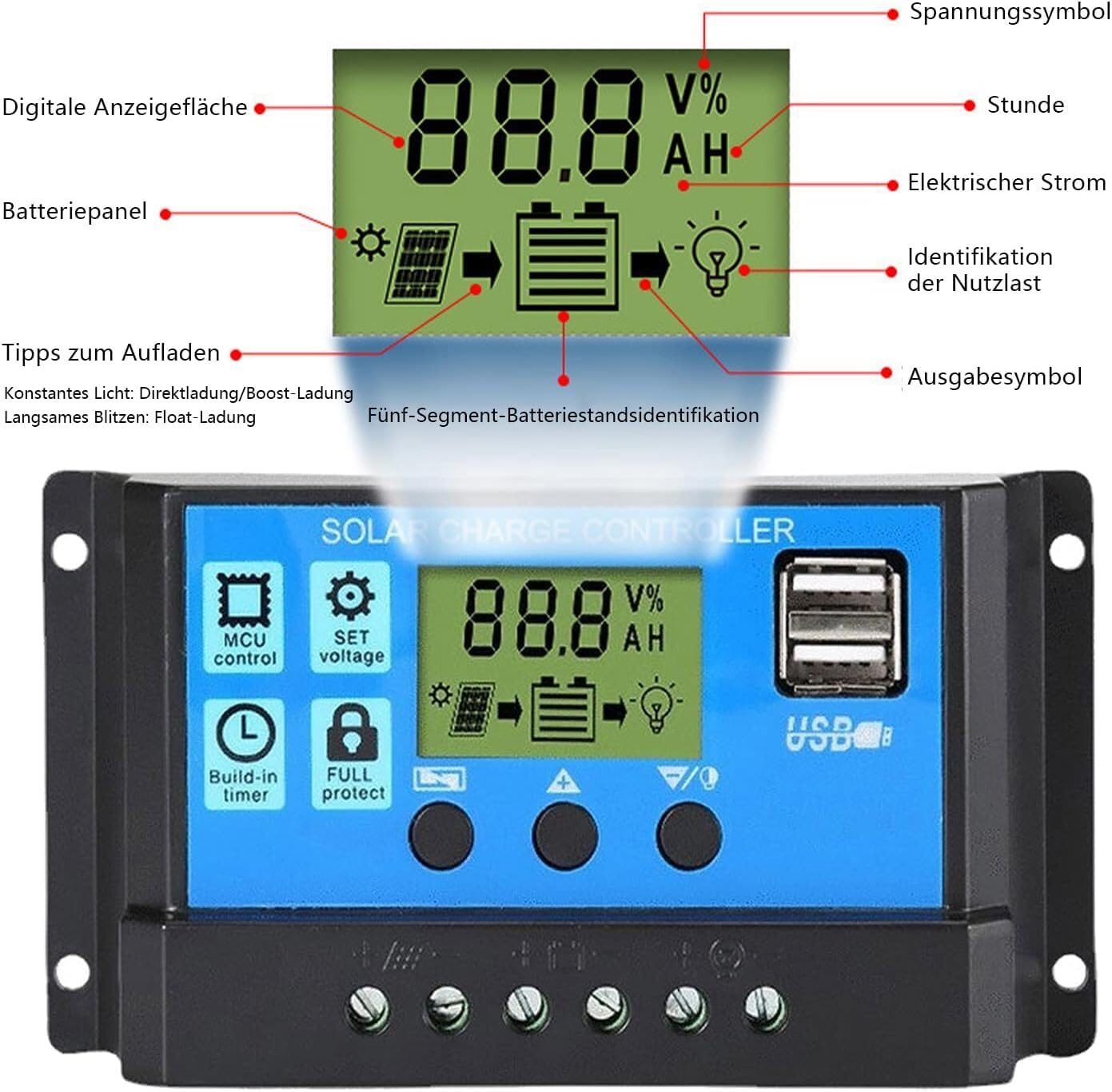 10A 12V 24V regolatore di carica solare automatico Controller PWM LCD Dual USB 5V uscita pannello solare regolatore fotovoltaico