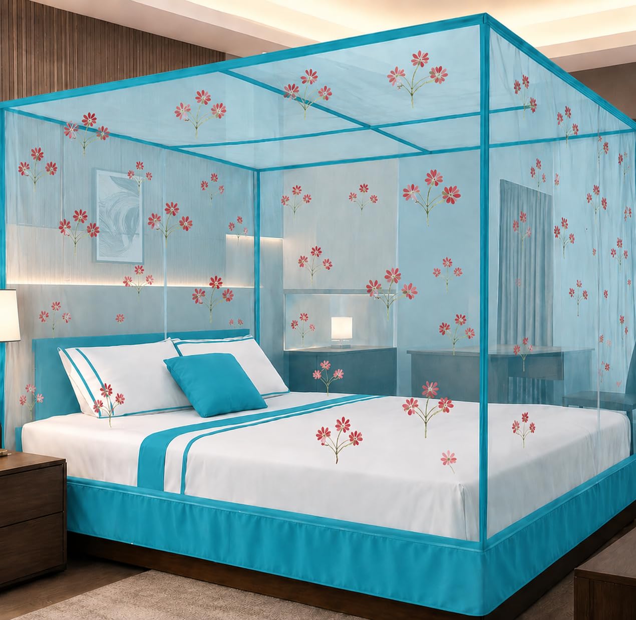 RN Enterprise Cotton Mosquito Net with Elegant Floral Design, Colored Cotton Tape, and Designed Bottom - Available in King, Queen, Double Sizes (Sky Blue, Queen Size Bed (3 Person))-image-13