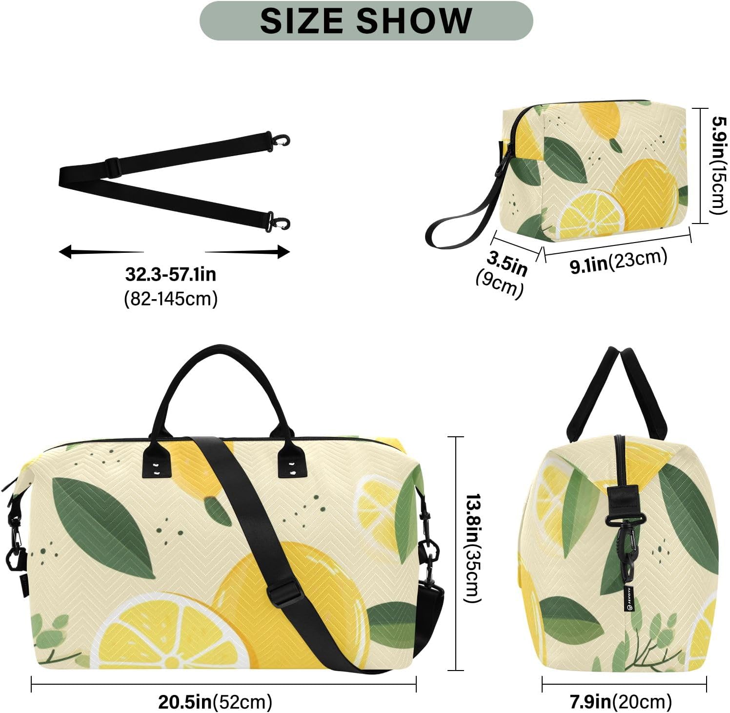 Travel Duffle Bag, Lemon with Leaf Gym Bag with Storage Bag Weekender Overnight Bag for Men Women Trip Sports Yoga