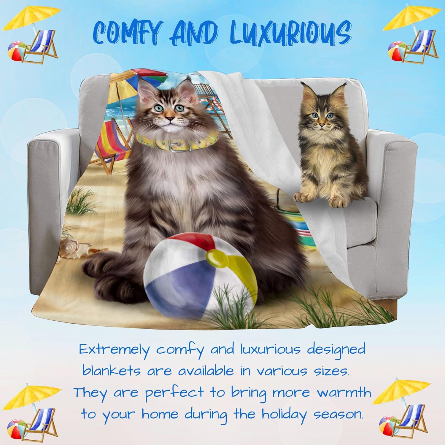 Pet Friendly Beach Maine Coon Cat Blanket - Lightweight Super Soft Cozy and Durable Bed Blanket - Animal Theme Fuzzy Blanket for Sofa Bed Couch BLNKT56316 (50x60 Woven)